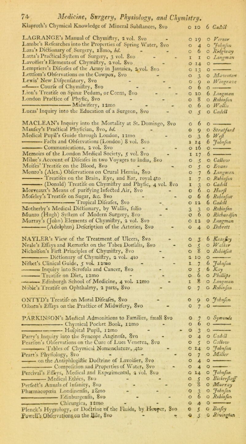 Klaproth’s Chymical Knowledge of Mineral Subfiances, 8vo LAGRANGE’s Manual of Chymiftry, a vol. 8vo Lanibe’s Refearches into the Properties of Spring Water, 8vo Lara’s Dictionary of Surgery, x8mo> bd. Latta’s Prartical Syftem of Surgery, 3 vol. 8vo Lavoifier’s Elements of Chymiftry, a vol. 8vo Lempriere’s Difeafes of the Army in Jamaica, 2 vol. 8vo Lettl'om’s Obfervations on the Cowpox, 8vo Lewis’ New Difpenfatory, 8vo — Courfe of Chymiftry, 8vo Lion’s Treatife on Spina; Pedum, or Corns, 8vo London Practice of Phyfic, 8vo Midwifery, i2mo Lucas’ Inquiry into the Education of a Surgeon, 8vo MACLEAN’s Inquiry into the Mortality at St. Domingo, 8vo Maiil'ey’s Practical Phyfician, 8vo, bd. Medical Pupil’s Guide through London, 12100 • ■ - Fa6ts and Obfervations (London) 8 vol. 8vo — Communications, a vol. 8vo Memoirs of the London Medical Society, 5 vol. 8vo Milne’s Account of Difeafes in two Voyages to India, 8vo Moifes’ Treatife on the Blood, 8vo - ■» Monro’s (Alex.) Obfervations on Crural Hernia, 8vo - Treadles on the Brain, Eye, and Ear, royal 4to ——— (Donald) Treatife on Chymiftry and Phyfic, 4 vol. 8va Morveaux’s Means of purifying Inferted Air, 8vo Mofeley’s Treatife on Sugar, &c. 8vo —— Tropical Difeafes, 8vo Motherby’s Medical Dirtionary, by Wallis, folio ■* Munro (Hugh) Syftem of Modern Surgery, 8vo Murray’s (John) Elements of Chymiftry, 2 vol. 8vo — (Adolphus) Defcription of the Arteries, 8vo NAYLER’s View of the Treatment of Ulcers, 8vo Neale’s Effiiys and Remarks on the Tabes Dorialis, 8vo Nicholl'on’s Firft Principles of Chymiftry, 8vo — Dirtionary of Chymiftry, 2 vol. 4to Nifbet’s Clinical Guide, 5 voL l2nao — —— Inquiry into Scrofula and Cancer, 8vo Treatife on Diet, i2mo ——— Edinburgh School of Medicine, 4 vol. i2mo Noble’s Treatife on Ophthalmy, 2 parts, 8vo ONTYD’s Treatife on Moral Difeafes, 8vo Ofborn's EfTays on the Prartice of Midwifery, 8vo FARKINSON’s Medical Admonitions to Families, fmall 8vo Chymical Pocket Book, i2mo ■ ■ .. ■ Hofpital Pupil, i2mo Parry’s Inquiry into the Syncope Anginofa, 8vo Pearfon’s Obfervations on the Cure of Lues Venerea, 8vo Tables of Chymical Nomenclature, ^to Peart’s Phyfiology, 8vo - on the Antiphlogiftic Dortrine of Lavoifier, 8vo Compolition and Properties of Water, 8vo Percival’s Eflays, Medical and Experimental, 2 vol. 8vo ■ — Medical Ethics, 8vo Perfert’s Annals of Intimity, 8vo Pharmacopoeia Londinenfis, iSmo —— F.dinburgenfis, 8vo ■ ■■ Chirurgica, iamo Plenck’s Hygrology, or Dortrine of tile Fluids, by Hoepcr, 8vo jPowdl’s Obfervations on the JQile, 8vo - <5 0 10 C 0 19 0 Vernor 0 4 0 ‘fohnjlu 0 6 0 Jitdfrivay I 1 0 Longman 0 14 0 0 13 0 0 3 0 j\'Iawvfari 0 9 O ingrave 0 6 0 0 10 6 Longman 0 8 0 jKnbtnJon 0 6 0 VValli, 0 5 0 Cadell 0 6 0 0 9 0 Stratford 0 3 6 Wf 1 14 6 fobnfun 0 16 0 I 17 6 0 5 0 Callow 0 5 0 Evans 0 7 6 Longman I 7 0 Rohinfun I 3 0 C a Jell 0 6 0 Hurjl 0 6 6 Robinjotr 0 12 6 Cadell 3 3 0 Robinfon 0 6 0 Ricbat dfon 0 12 0 I. angm an 0 4 0 Debrett O 3 6 Kearny 0 5 0 Waller 0 8 0 Robiitfoh 2 10 0 t 7 6 Jobnfon 0 5 6 Kay 0 6 0 Phillips 1 8 0 Lonornan 0 7 0 Robinfon 0 9 0 fohnfn 0 7 0 0 7 0 Sy mentis 0 6 0 0 3 0 0 4 0 Cadell 0 5 0 Callow 0 14 0 ‘Jobnfon 0 7 0 Miller 0 4 0 0 4 0 0 14 0 Jobnfon 0 5 0 Bickerfiijf a 8 0 Murray 0 3 0 Johnson 0 6 0 Robirftm 0 4 0 0 5 0 Bcofey Q J 0 RiviriPtan