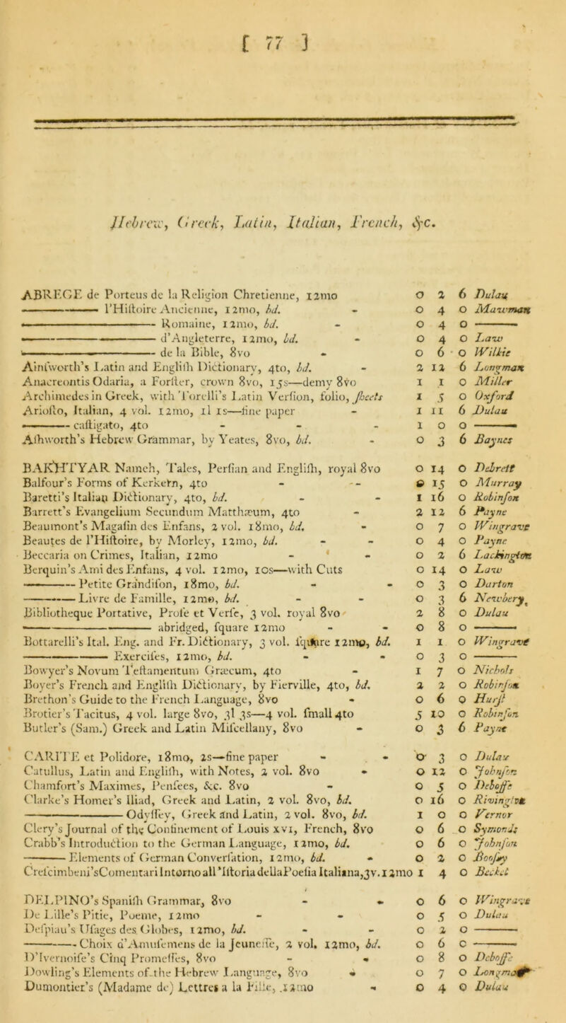 ABRF.GE de Porteus de la Religion Chretienne, umo • ■ —— ■■ - l’Hiftoire Ancienne, 12nto, bd. — Romaine, Iirao, bd. — d’Angleterre, nmo, Id. — de la Bible, 8vo Ainfworth’s Latin and Englilh Dictionary, 4to, LJ. Anacreontis Odaria, a Foriter, crown 8vo, 15s—demy 8vo Archimedes in Greek, with Torclli’s Latin Verfion, folio, Jhcets Ariollo, Italian, 4 vol. 121110, il is—tine paper »■—- — caftigato, 4to - Athworth’s Hebrew Grammar, by Yeates, 8vo, bd. 0 2 (> Dulau 0 4 0 Man-man 0 4 0 0 4 0 Law 0 6 0 IVillie 2 12 6 Latin man I 1 0 Miller I 5 0 Oxford I 11 6 Dulau 1 0 0 O 3 6 Baynes BAIvHTYAR Namch, Tales, Perfian and Englilh, royal 8vo Balfour’s Forms of Kerketn, 4to Baretti’s Italian Dictionary, 4to, bd. Barrett’s Evangeiium Secundum Matthieum, 4to Beaumont’s Magalin des Enfans, 2 vol. 18mo, bd, Beautes de l’Hiftoire, by Morley, iimo, bd. Beccaria on Crimes, Italian, nmo Berquin’s Ami des Enfans, 4 vol. nmo, ics—with Cuts —■ Petite Grandilon, i8mo, bd. Livre de Famille, i2me, bd. Bibliothequc Portative, Prole et Verfe, 3 vol. royal 8vo • abridged, fquare nmo Bottarelli’s Ital. Eng. and Fr. Dictionary, 3 vol. fqifcre i2mo, bd. Exercifes, nmo, bd. Bowyer’s Novum Teftamentum Gra;cum, 4to Boyer’s French and Englilh Dictionary, by Fierville, 4to, bd. Brethon’s Guide to the French Language, 8vo Brotier’s Tacitus, 4 vol. large 8vo, 3I 3s—4 vol. fmall4to Butler’s (Sam.) Greek and Latin Mifcellany, 8vo CARITE et Polidore, i8mo, 2s—►fine paper Catullus, Latin and Englilh, with Notes, 2 vol. 8vo • Chamfort’s Maximes, Penfees, &c. 8vo Clarke’s Homer’s Iliad, Greek and Latin, 2 vol. 8vo, Id. Odyftey, Greek and Latin, 2 vol. 8vo, bd. Clery’s Journal of the Contincment of Louis xvr, French, 8vo Crabb’s Introduction to the German Language, nmo, bd. — Elements of German Converfation, i2rno, bd. - Crefcimbeni’sComeutari Intorno all ‘Iltoria dellaPoelia Italiina,3 v. I Jtno 0 14 © 15 1 16 2 12 o 7 O 4 O 2 o 14 ° 3 ° 3 2 8 0 8 1 1 ° 3 1 7 2 2 o 6 5 to o 3 o 3 O 12 O 5 0 16 1 o o 6 o 6 0 2 1 4 # DKLPINO’s Spanish Grammar, 8vo - «• O 6 De Lille’s Pitie, Poeme, i2mo - - 05 Defpiau’s Ufages des. Globes, nmo, bd. * - 02 Choix d’Amulemens de la JcuneiTe, 2 vol, i2mo, bd. o 6 D’lvernoife’s Cinq Promeffes, 8vo - « 08 Dowling's Elements of. the Hebrew Language, 8vo • 07 Dumontier’s (Madame de) Lettre* a la Fiiie, .nmo - 04 o o o 6 o o 6 o o 6 o o o o o o Q O 6 o o o o o o o o o o o o c o o o Did/reft Murray Robinfon Day nr JVingrave Payne I.ackingttiK Law Darton New'oeryt Du la it IVingrave Nicbolr Robinjom. Hurjl Robinjun Pay at Du late rfohnfon Deleft; Rivm-jtvt Vtrrtvr Symondt *'fobnfeti Boojtty Per bet IVingrait Dulau Dcbof Ijon^rma^ Du id a