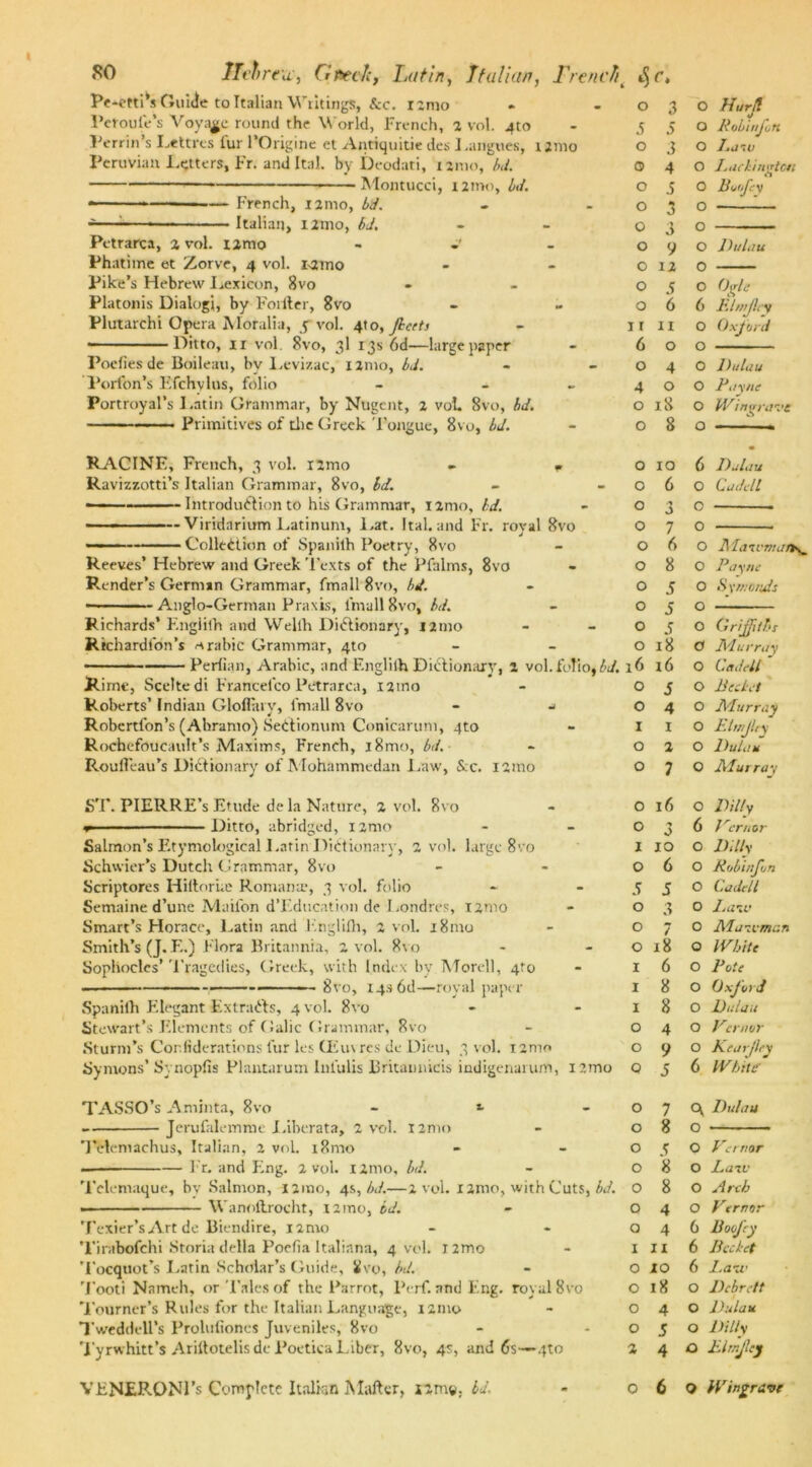 SO iTtbrca, Cfiec/c, Latin, Italian, Frencht «$r, Pe*etti*s Guide to Italian Writings, &c. r:mo Pcroule’s Voyage round the World, French, 2 vol. 4to Perrin’s Lettres fur l’Origine et Antiquitie des Langues, ijmo Peruvian Letters, Fr. and Ital. by Deodati, nmo, bd. Montucci, i2mo. Id. 1 - — French, nmo, bd. Italian, i2mo, bd. Petrarca, 2 vol. iamo - Phatime et Zorve, 4 vol. Ktmo Pike’s Hebrew Lexicon, 8vo Platonis Dialog!, by Fortier, 8vo Plutarch! Opera Moralia, y vol. 410, fleets • Ditto, 11 vol. 8vo, 3I 13s 6d—large paper Poefies de Boileau, by Levizac, nmo, bd. Porfbn’s Efchylus, folio - - Portrayal’s I.atin Grammar, by Nugent, 2 vol. 8vo, bd. —— Primitives of die Greek Tongue, 8vo, bd. RACINE, French, 3 vol. i2mo - • Ravizzotti’s Italian Grammar, 8vo, Id. —— Introduction to his Grammar, nmo, bd. —-- - Viridarium Latinum, Lat. Ital. and Fr. royal 8vo —— Collection of Spanilh Poetry, 8vo Reeves’ Hebrew and Greek Texts of the Pfalms, 8vo Render’s Gernun Grammar, fmall 8vo, bd. ■ Anglo-German Praxis, lmall 8vo, bd. Richards’ F.ngiilh and Wellh Dictionary, 121110 Rtchardfon’s nrabic Grammar, 4to Perfian, Arabic, and F.ngiilh Dictionary, 2 vol. folio,bd. Rirne, Sccltedi Fran telco Petrnrca, 12100 Roberts’ Indian Gloflary, fmall 8vo - - Robertfon’s (Ahramo) SeCtionum Conicaruni, qto Rochefoucault’s Maxims, French, i8mo, bib. Roulleau’s Dictionary of Mohammedan Law, &c. 121110 ST. PIERRE’s Etude de la Nature, 2 vol. 8vo w Ditto, abridged, nmo Salmon’s Etymological Latin Dictionary, 2 vol. large 8vo Schwier’s Dutch Grammar, 8vo Scriptores Hiltorue Romana’, 3 vol. folio Semaine d’une Mailon d’Education de I .ondres, i2mo Smart’s Horace, Latin and F.ngiilh, 2 vol. i8mu Smith’s (J. E.) Flora Britannia, 2 vol. 8vo Sophocles’ Tragedies, Greek, with Index by Morell, 4to - ■ 8vo, 14s 6d—royal paper Spanilh Elegant Extracts, 4 vol. 8vo Stewart’s Elements of Galic Grammar, 8vo Sturm’s Conliderations fur les (Euv res de Dieu, vol. nmo Symons’ Synopfis Plantarum Inlulis Britamiicis indigenarum, nmo TASSO’s Amjnta, 8vo - *■ - Jerufalemme I.iberata, 2 vol. l2mo Telemachus, Italian, 2 vol. i8mo — Ft. and Eng. 2 vol. nmo, bd. Tclemaque, by Salmon, nmo, 4s, bd.—2 vol. 12mo, with Cuts, bd. ■ ■ ■ Wanoltrocht, nmo, bd. Texier’s Art de Biendire, nmo Tirabofchi Storia della Poefia Italinna, 4 vol. i2mo Tocquot’s I.atin Scholar’s Guide, Sfvo, bd. Tooti Nameh, or Tales of the Parrot, Perf. and Eng. royal 8vo Tourner’s Rules for the Italian Language, 121110 Tweddell’s Proluliones Juveniles, 8vo Tyrwhitt’s Arittotelis de Poetica Liber, 8vo, 4s, and 6s—4to 0 3 O Hur/l s 5 O Robiijlrt 0 3 O J.a-.u 0 4 O Liiclingtcti 0 5 0 Bunfey 0 3 O 0 3 O 0 y O Dulau 0 12 0 0 5 0 Ogle 0 6 6 Elmjlcy 11 n O Oxford 6 0 0 0 4 O Ihtluu 4 0 0 Bayne 0 18 O Wingrai’e 0 8 O 0 10 6 Dulau O 6 0 (u illicit 0 3 0 O 7 0 0 6 O Mawmarr^ 0 8 0 Payne 0 5 O Syrnonds 0 5 O 0 S O Griffiths 0 18 O Murray 16 16 0 Cadell 0 5 O Beclet O 4 O Murray 1 1 O Etwjley 0 2 O Dulau 0 7 0 Murray O 16 O Dilly O 3 6 lrcmor I 10 O D illy O 6 O Robinfun 5 5 O Cadell 0 3 O I.aw 0 7 O Maw man 0 18 O White 1 6 O Bote 1 8 O Oxford 1 8 O Dulau 0 4 0 Vcraor 0 9 O Kear/ley 0 5 6 White 0 7 C\ Dulau 0 8 O 0 5 O Per nor 0 8 O Lain 0 8 O Arch 0 4 O Pernor Q 4 6 Boofcy I II 6 Bee let O 10 6 Law O iX O Dcbrett O 4 O Dulau O 5 O Dilly 2 4 O Elmjlcy VENERONI’s Complete Italian Matter, 12m®. bd. 060 Wingmve