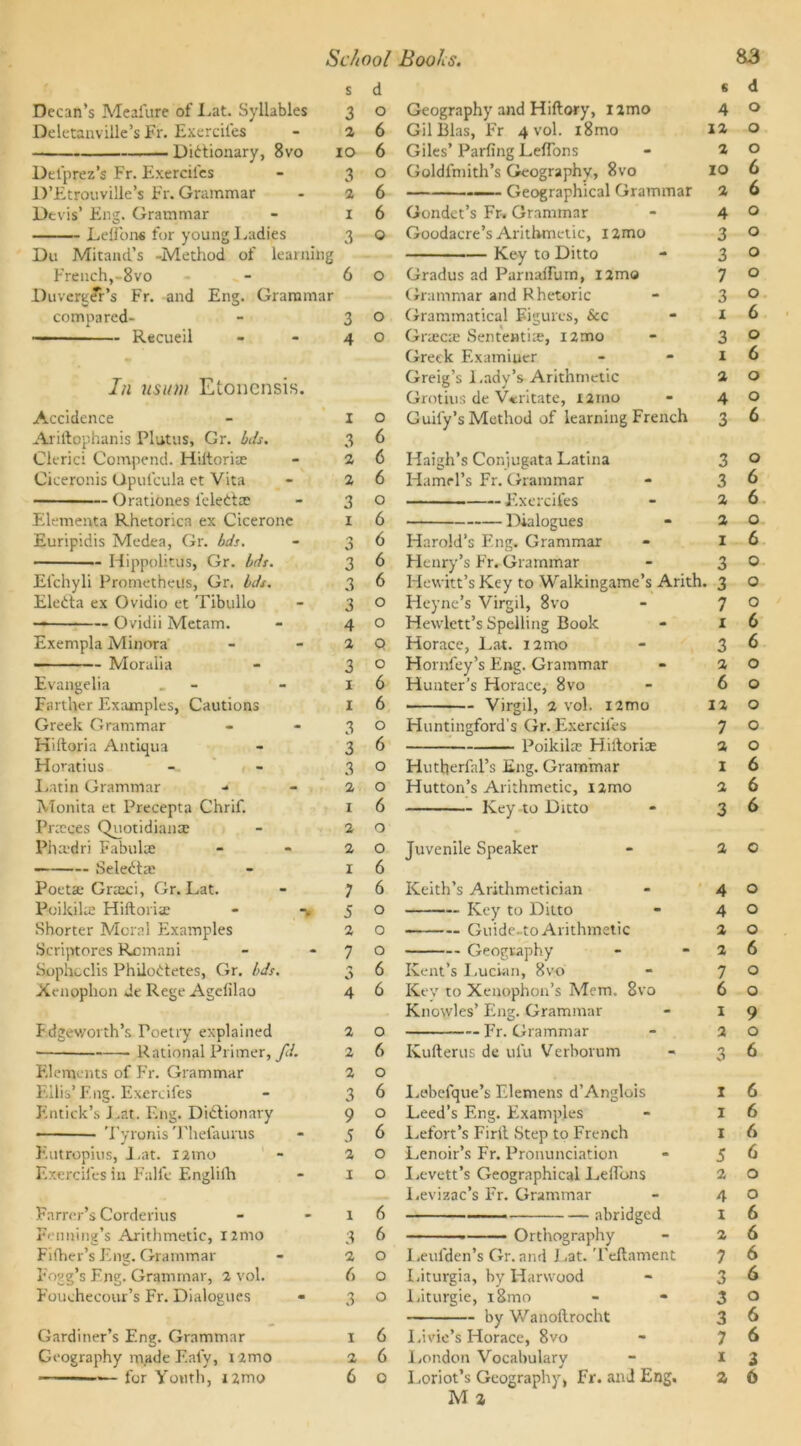 s d Decan’s Meafure of Lat. Syllables 3 o Deletanville’s Fr. Exerciles - 26 Dictionary, 8vo 10 6 Defprez’s Fr. Exerciles - 3 0 D’Etrouville’s Fr. Grammar - 26 Devis’ Eng. Grammar - 16 Ldfons for young Ladies 3 o Du Mitand’s -Method of learning French,-8vo Du verger’s Fr. and compared- Recueil Eng. Grammar 6 o In usum Etoncnsis. Accidence Ariftophanis Flatus, Gr. Ms. Clerici Compend. Hiitoriie Giceronis Gpulcula et Vita Orationes fele&se Elementa Rhetorica ex Cicerone Euripidis Medea, Gr. bds. Hippolitus, Gr. Mt. Efchyli Prometheus, Gr. Ms. EleCta ex Ovidio et Tibullo — Ovidii Metam. Exempla Minora 3 4 1 3 2 2 3 1 fS 0 3 3 3 4 2 O o o 6 6 6 o 6 6 6 6 o o Q Geography and Hiftory, nmo Gil Bias, Fr 4 vol. i8mo Giles’ Parting Lefl'ons Goldfmith’s Geography, 8vo Geographical Grammar Gondet’s Fr. Grammar Goodacre’s Arithmetic, 12mo Key to Ditto Gradus ad Parnaifum, nmu Grammar and Rhetoric Grammatical Figures, Sec Griecie Sententis, i2mo Greek Examiuer Greig’s Lady’s Arithmetic Grotius de Vcritate, 121110 Guily’s Method of learning French Haigh’s Conjugata Latina Hamel’s Fr. Grammar Exerciles Dialogues Harold’s Eng. Grammar Henry’s Fr. Grammar Hewitt’s Key to Walkingame’s Arith. Heyne’s Virgil, 8vo Hewlett’s Spelling Book Horace, Lat. nmo s 4 12 2 IO 2 4 3 3 7 3 1 3 1 2 4 3 3 3 2 2 I 3 3 7 1 3 d o o o 6 6 o o o o o 6 o 6 o o 6 o 6 6 o 6 o o o 6 6 Moraiia 3 0 Hornfey’s Eng. Grammar 2 0 Evangelia _ 1 6 Hunter’s Horace, 8vo 6 0 Farther Examples, Cautions 1 6 Virgil, 2 vol. nmo 12 0 Greek Grammar 3 0 Huntingford's Gr. Exerciles 7 0 Kiitoria Antiqua 3 6 Poikilte Hiltorire 2 O Horatius 3 0 Hutherfal’s Eng. Grammar 1 6 Latin Grammar 2 0 Hutton’s Arithmetic, nmo 2 6 Monita et Precepta Chrif. X 6 Key-to Ditto 3 6 Prccqes Quotidians 2 0 Piisdri Fabuls 2 0 Juvenile Speaker 2 c SeleCts 1 6 Poets Grsci, Gr. Lat. 7 6 Keith’s Arithmetician 4 0 Poikils Hiftoris 5 0 Key to Ditto 4 0 Shorter Moral Examples 2 0 Guide-to Arithmetic 2 0 Scriptores Romani 7 0 Geography 2 6 Sophcclis PhiloCtetes, Gr. bds. 3 6 Kent’s Lucian, 8vo 7 0 Xenophon de Rege Agcfilao 4 6 Key to Xenophon’s Mem. 8vo 6 0 Knowles’ Eng. Grammar 1 9 Edgeworth’s Poetry explained 2 0 Fr. Grammar 2 0 Rational Primer, fd. 2 6 Kulterus de ufu Verborum 3 6 Elements of Fr. Grammar 2 0 Ellis’ Eng. Exercifes 3 6 I.ebefque’s Elemens d’Anglois 1 6 Entick’s Lat. Eng. Dictionary 9 0 Leed’s Eng. Examples 1 6 Tyronis Tliefaurus 5 6 Lefort’s Firlt Step to French 1 6 Eutropius, Lat. i2mo 2 0 Lenoir’s Fr. Pronunciation 5 6 Exerciles in Falfe Englilh 1 0 Levett’s Geographical Lelfons 2 0 l.evizac’s Fr. Grammar 4 0 Farrer’s Corderius 1 6 abridged X 6 Fenning’s Arithmetic, nmo 3 6 Orthography 2 6 Fifher’s Eng. Grammar 2 0 I.eufden’s Gr.and I.at. Teftament 7 6 Fogg’s Eng. Grammar, 2 vol. 6 0 I.iturgia, by Harwood 3 6 Fouchecour’s Fr. Dialogues 3 0 Liturgie, i8mo 3 0 by Wanoftrocht 3 6 Gardiner’s Eng. Grammar 1 6 I.ivie’s Horace, 8vo 7 6 Geography made F.afy, i2mo 2 6 London Vocabulary 1 3 for Youth, i2mo 6 0 Loriot’s Geography, Fr. and Eng. 2 ft