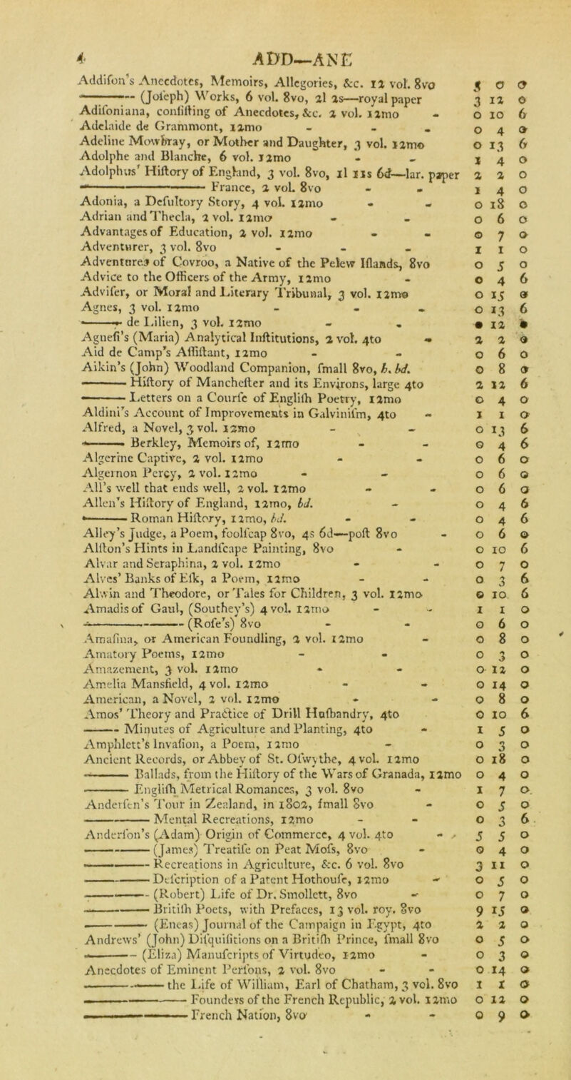 4■ ADD—ANE Addifon’s Anecdotes, Memoirs, Allegories, &c. li vol. 8vo (Jol'eph) Works, 6 voL 8vo, 2l is—royal paper Adifoniana, confining of Anecdotes, &c. 2 vol. i2mo Adelaide de Grammont, nmo - _ Adeline Mowbray, or Mother and Daughter, 3 vol. 12m© Adolphe and Blanche, 6 vol. nmo Adolphus' Hiftory of England, 3 vol. 8vo, il ns 6d—lar. paper France, 2 vol. 8vo Adonia, a Defultory Story, 4 vol. i2mo - - Adrian and Theda, 2 vol. 12111a Advantages of Education, 2 vol. i2mo Adventurer, 3 vol. 8vo - Adventures of Covroo, a Native of the Pelew Iflands, 8vo Advice to the Officers of the Army, i2mo Advifer, or Mora! and Literary Tribunal, 3 vol. 12m© Agnes, 3 vol. i2mo - . • de Li lien, 3 vol. i2mo Agnefi’s (Maria) Analytical Inftitutions, 2 vol. 4to » Aid de Camp’s Affiftant, i2mo Aikin’s (John) Woodland Companion, fmall 8vo, h. M. Hiftory of Manchefter and its Environs, large 4to • Letters on a Courte of Englith Poetry, i2mo Aldini’s Account of Improvements in Galvinilm, 4to Alfred, a Novel, 3 vol. ismo • Berkley, Memoirs of, i2mo Algerine Captive, 2 vol. i2mo Algernon Percy, 2 vol. I :mo All’s well that ends well, 2 vol. l2mo Allen’s Hiftory of England, i2mo, bd. • Roman Hiftory, i2mo, bd. Alley’s Judge, a Poem, foolfcap 8vo, 4s 6d-~poft 8vo Alfton’s Hints in Landicape Painting, 8vo Alvar and Seraphina, 2 vol. umo Alves’Banks of Elk, a Poem, nmo Alwin and Theodore, or Tales for Children, 3 vol. iimo Amadisof Gaul, (Southey’s) 4 vol. i2mo - (Rofe’s) 8vo Amafina, or American Foundling, 2 vol. i2mo Amatory Poems, nmo Amazement, 3 vol. i2mo Amelia Mansfield, 4 vol. i2mo American, a Novel, 2 vol. i2im> Amos’ Theory and Practice of Drill Huffiandry, 4to Minutes of Agriculture and Planting, 4to Amphlctt’S lnvafion, a Poem, nmo Ancient Records, or Abbey of St. Olwythe, 4 vol. i2mo — Ballads, from the Hiftory of the Wars of Granada, i2mo Englifh Metrical Romances, 3 vol. 8vo Anderfen’s Tour in Zealand, in 1802, fmall 8vo Mental Recreations, i2mo Anderfon’s (Adam) Origin of Commerce, 4 vol. 4to - ■ (James) Treatife on Peat Mofs, 8vo -- Recreations in Agriculture, See. 6 vol. 8vo ■ Defcription of a Patent Hothoufe, nmo — (Robert) Life of Dr. Smollett, 8vo — Britilh Poets, with Prefaces, 13 vol. roy. 8vo (Eneas) Journal of the Campaign in Egypt, 4to Andrews’ (John) Difquifitions on a Britifh Prince, fmall 8vo — (Eliza) Manufcripts of Virtudeo, i2mo Anecdotes of Eminent Perl’ons, 2 vol. 8vo ■ the Life of William, Earl of Chatham, 3 vol. 8vo — Founders of the French Republic, 2 vol. !2mo $ 0 <3 3 12 0 0 10 6 0 4 a 0 LI 6 X 4 0 2 2 0 1 4 0 0 18 0 0 6 0 0 7 a X 1 0 0 5 0 0 4 6 0 *5 a 0 *3 6 • 12 • 2 2 a O 6 0 O 8 a 2 12 6 O 4 0 I 1 0 O LI 6 O 4 6 O 6 0 O 6 0 O 6 a O 4 6 O 4 6 O 6 0 O 10 6 O 7 0 O 3 6 O 10 6 I 1 0 O 6 0 O 8 0 O 0 O 12 0 O 14 0 O 8 0 0 xo 6 X 5 0 0 3 0 0 18 0 0 4 0 X 7 0 0 S 0 0 3 6 5 5 0 0 4 0 3 11 0 0 5 0 0 7 0 9 ij 0 2 2 0 0 S 0 0 3 0 0 14 0 X X 0 0 12 0 9