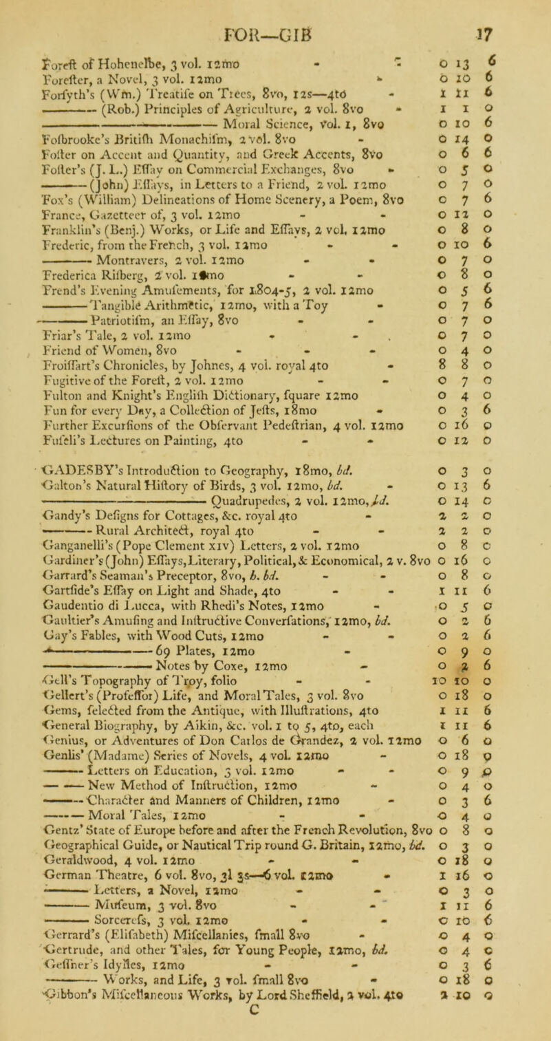 FOR—GIB 17 Foreft of Hohcnelbe, 3 vol. iamo - • Forelter, a Novel, 3 vol. i2mo Forfyth’s (Wm.) Treatife on Trees, 8vo, 12s—4t0 ■ — ■ — (Rob.) Principles of Agriculture, 2 vol. 8vo - Moral Science, Vol. 1, 8vo Folbrookc’s Britifh Monachil'm, 2V0I. 8vo Foster on Accent and Quantity, and Greek Accents, 8vo Foller’s (J. L.) Eflay on Commercial Exchanges, 8vo - —(J°h») Eflays, in Letters to a Friend, 2 vol. nmo Fox’s (William) Delineations of Home Scenery, a Poem, 8vo France, Gazetteer of, 3 vol. X2mo Franklin’s (Benj.) Works, or Life and Eflays, 2 vol, l2tno Frederic, from the French, 3 vol. I irao Montravers, a vol. i2mo Frederica Riiberg, 2 vol. ifmo Trend’s Evening Amulements, for 2804-5, 2 vol. I2mo ■Tangible Arithmetic, nmo, with a Toy • Patriotifm, an Eflay, 8vo Friar’s Tale, 2 vol. nmo Friend of Women, 8vo - Froiflart’s Chronicles, by Johnes, 4 vol. royal 4to Fugitive of the Foreit, 2 vol. i2mo Fulton and Knight’s Englilh Dictionary, fquare i2mo Fun for every Day, a Collection of Jefts, i8mo - Further Excurfions of the Oblervant Pedeftrian, 4 vol. l2mo Fufeli’s Lectures on Painting, 4to GADESBY’s Introduction to Geography, i8mo, bd. Galton’s Natural Hiltory of Birds, 3 vol. i2mo, bd. Ouadrupedes, 2 vol. l2mo,/y. Gandy’s Deflgns for Cottages, &c. royal qto Rural Architect, royal 4to Ganganelli’s (Pope Clement xiv) Letters, 2 vol. T2mo Gardiner’s (John) Eflays, Literary, Political, & Economical, 2 v. 8vc Garrard’s Seaman’s Preceptor, 8vo, h. bd. Gartfide’s Eflay on Light and Shade, 4to Gaudentio di Lucca, with Rhedi’s Notes, J2mo Gaultier’s Amufing and InltruCtive Converfations, X2mo, Id. Gay’s Fables, with Wood Cuts, i2mo -* *> 69 Plates, l2mo — — Notes by Coxe, nmo - Gtll’s Topography of Tipy, folio Gellert’s (Profeflbr) Life, and Moral Tales, 3 vol. 8vo Gems, feleCted from the Antique, with 1 Hull rat ions, 4to General Biography, by Aikin, &c. vol. 1 to 5, 4to, each Genius, or Adventures of Don Carlos de Grander, 2 vol. l2mo Genlis’ (Madame) .Series of Novels, 4 vol. X2mo - Letters on Education, 3 vol. Umo — *—New Method of InftruCtion, nmo • - —Character and Manners of Children, i2mo Moral Tales, i2mo Gentz’ State of Europe before and after the French Revolution, 8vi Geographical Guide, or Nautical Trip round G. Britain, X2rho, bd. Geraldwood, 4 vol. i2mo German Theatre, 6 vol. 8vo, 3I 3s—6 vol. C2mo — Letters, a Novel, nmo Mirfeum, 3 vol. 8vo - - Sorcercfs, 3 voh i2mo Gerrard’s (F.lifnbeth) Mifcellanies, fmall 8vo Gertrude, and other Tales, for Young People, I2mo, bd. Geflher’s Idylies, i2mo Works, and Life, 3 vol. fmall 8vo C 0 13 6 0 10 6 X XI 6 X I 0 0 10 6 0 14 0 0 6 6 0 5 0 0 7 0 0 7 6 0 12 0 0 8 0 0 10 6 0 7 0 0 8 0 0 5 6 0 7 6 0 7 0 0 7 0 0 4 0 8 8 0 0 7 0 0 4 0 0 3 6 0 16 0 0 12 0 0 3 0 0 13 6 0 14 c 2 2 0 2 2 0 O 8 c 0 16 0 O 8 0 I IX 6 O S 0 O 2 6 O 2 6 O 9 0 O 7. 6 IO 10 0 O 18 0 X IX 6 I II 6 0 6 0 0 18 0 0 9 p 0 4 0 0 3 6 0 4 0 > 0 8 0 0 3 0 0 18 0 I x6 0 0 3 0 X 11 6 c 10 6 0 4 0 0 4 c 0 3 6 0 18 0