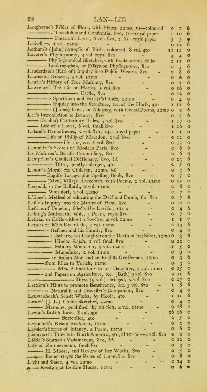 LAN—LIG Lunghoroe’s Fables of Flora, with Plates, izmo, 5s—coloured 0 - Theodofiusand Conltantia, 8vo, 7s—royal paper o *— Plutarch’s Lives, 6 vol. 8vo, 2I 8s—royal paper 3 Lalcellees, 3 vol. ranio - - q Latham^s (John) Synopfis of Birds, coloured, 8 vol. 4to ir Lavater’s Phyfiognomy, 4 vol. royal 8vo - 4 • Phyfioguomical Sketches, with Explanations, folio 2 Looking-glaCs, or ElTays on Phyfiognomy, 8vo o Lauderdale's (Earl of) Inquiry into Public Wealth, 8vo • o Launcelot Greaves, 2 vol. iarno - - o Laurie’s Hiitory of Free Mal'onry, 8vo - o Lawrence’s Treatil'e on Horle’s, 2 vol. 8vo - o - ■ 1 — Cattle, 8vo - - o • Sportfman and Farrier’s Guide, nmo - o Inquiry into the Structure, &c. of the Horfe, 4to 1 » ■ ■ — (James) Love, an Allegory, with feveral Poems, i2mo O Lee’s Introduction to Botany, 8vo * - o (Sophia) Canterbury Tales, 5 vol. 8vo - 1 - Lite of a Lover, 6 vol. l'mall 8vo - 1 Leland’s Demofthenes, 2 vol. 8vo, 14s—royal paper - 1 ■ — ■« Life of Philip of Macedon, 2 vol 8vo - O Hearne, &c. 2 vol. 8vo - o Lemaiftre’s Sketch of Modern Paris, 8vo - o J.e Mefurier’s Britilh Commiflary, 8vo - o Lempriere’s Clafttcal Dictionary, 8vo, bd. - o ————— Ditto, greatly enlarged, 4to - - 2 Lenoir’s Morals for Children, 1 jmo, bd. - o ■-Engliftt I.ogographic Spelling Book, 8vo - Q - ■ - (Mrs.) Village Anecdotes, with Poems, 2 vol. i2mo O Leopold, or the Baftard,, 2 vol. l2tno - o -■ Warndorf, 2vol. 1 imo - O L’Epee’s Metltod of educating the Deaf and Dumb, fir. 8vo o Leflie’s Inquiry into the Nature of Heat, 8vo - o Leftbnsof Fenelon, leledted by Levifac, i2mo - o Lelfing’s Nathan the Wife, a Poem, royal 8vo - O Letitia, or Caftle without a SpeCtre, 4 vol. nmo - I Letters of Mifs Riverl'dale, 3 vol. I imo - - o —■ ■ — Gefsner and his Family, 8vo - o -— a Fatherto his Daughter on the Death of her Sifter, I2mo O 0 1 o o o o 2 o X o X o 0 16 2 O O 2 O O O O o o Hindoo Rajah, 2 vol. l'mall 8vo —— Solitary Wanderer, 5 vol. i2mo —— Mameluke, 2 vol. nmo — an Italian Nun and an Englifh Gentleman, i2mo ■ from Eliza to Yorick, iamo - - * Mrs. Palmerftone to her Daughter,. 3 vol. 1 imo — and Papers on Agriculture, &c. (Bath) 9 vol. 8vo Ditto (9 vol.) abridged, 2 vol. 8vo Lettl'om’s Hints to promote Beneficence, &c. 3 vol. 8ro — Naturalili and Traveller’s-Companion, 8vo Leuwenhoek’s Seledt Works, by Hoole, 4to Lewes’ (J. L.) Comic Sketches, nmo Memoirs, publilhed by his Son, 4 vol. X imo Lewin’s Britifh Birds, 8 vol. 4to —— Butterflies, 4to Leybourn’s Ready Reckoner, Iimo Leyden’s Scenes of Infancy, a Poem, !2mo Liancourt’s Travels in North America, 4to, il I is 6d—4 vol. 8vo Liddel’s Seaman’s Vademecum, 8vo, bd. - • Life of Zimmermann, fmall 8vo ——— H. Moore, and Review of her Works, 8vO - ■ - Bonaparte, to the Peace of Luneville, 8vo Light and Shade, 4 vol. X2mo - - 4*——* Reading at Leil'ure Hours, nmo * 7 xo 3 12 11 4 12 5 8 6 7 16 12 4 it 2 7 17 16 1 12 12 6 6 13 5 3 7 12 8 7 7 14 4 7 1 13 4 3 12 5 9 3 3 15 11 47 8 4 11 4 18 16 5 2 6 2 12 J s 8 14 6 6 6 9 6 o o 6 6 6 o 6 o o o 6 6 6 a o o o o 6 o 6 o 6 o o o o 6 o 6 o o 6 o 6' o o o 6 o o 6 o 6 o 6 o o o o o o o o o o o ©