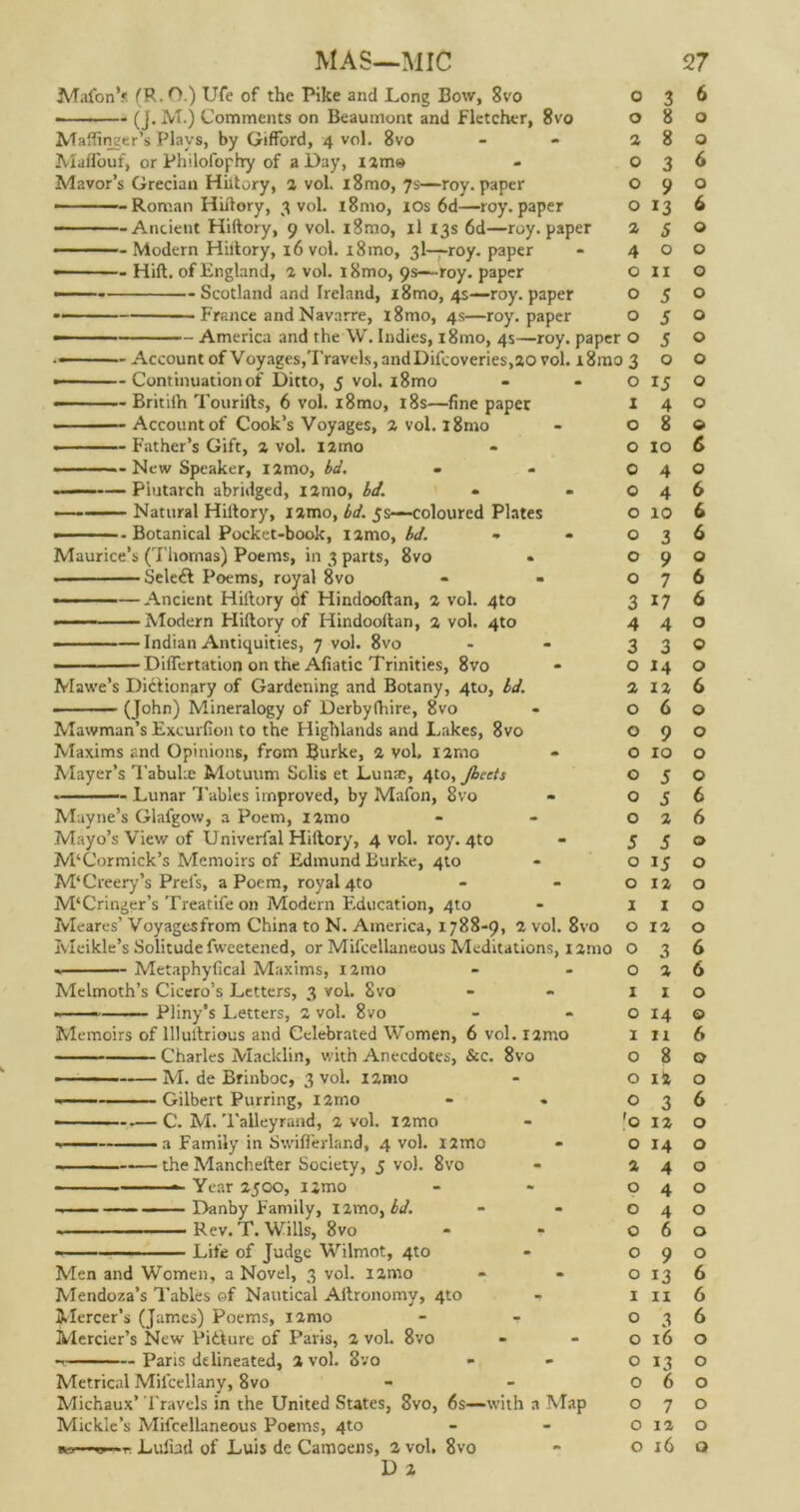 MAS—MIC Mafon’c (R. O.) Ufe of the Pike and Long Bow, 8vo (j. M.) Comments on Beaumont and Fletcher, 8vo Maftinger’s Plays, by Gifford, 4 vol. 8vo Maffouf, or Philofophy of a Day, I2m» Mavor’s Grecian Hiftory, 2 vol. i8mo, 7s—roy. paper - -Roman Hiftory, 3 vol. i8mo, 10s 6d—roy. paper Ancient Hiftory, 9 vol. i8mo, il 13s 6d—roy. paper ■ ■ Modern Hiitory, 16 vol. i8mo, 3I—-roy. paper —- Hift. of England, 2 vol. i8mo, 9s—roy. paper - - Scotland and Ireland, i8mo, 4s—roy. paper ■ — - France and Navarre, i8mo, 4s—roy. paper - America and the W. Indies, l8mo, 4s—roy. paper Account of Voyages,Travels, andDifcoveries,20 vol. i8mo 3 ■■ ■ - Continuation of Ditto, 5 vol. i8mo Britiih Tourifts, 6 vol. i8mo, 18s—fine paper Account of Cook’s Voyages, z vol. i8mo • Father’s Gift, 2 vol. i2mo — New Speaker, nmo, bd, - Piutarch abridged, i2mo, bd. Natural Hiltory, iamo, bd. 5s—-coloured Plates 27 • -Botanical Pocket-book, iamo, bd. Maurice’s (Thomas) Poems, in 3 parts, 8vo * ■ Seledt Poems, royal 8vo - - —Ancient Hiftory of Hindooftan, 2 vol. 4to ■■■ — Modern Hiftory of Hindooftan, 2 vol. 4to — Indian Antiquities, 7 vol. 8vo ■ Differtation on the Afiatic Trinities, 8vo Mawe’s Dictionary of Gardening and Botany, 4to, bd. - . - (John) Mineralogy of Derbyfhire, 8vo Mawman’s Exourfion to the Highlands and Lakes, 8vo Maxims and Opinions, from Burke, 2 vol, nmo Mayer’s Tabula: Motuum Solis et Lunae, 4to, Jhects —— ■ Lunar Tables improved, by Mafon, 8vo Mayne’s Glafgow, a Poem, i2mo Mayo’s View of Univerfal Hiftory, 4 vol. roy. 4to M‘Cormick’s Memoirs of Edmund Burke, 4to M‘Creery’s Prel's, a Poem, royal 4to M‘Crtnger’s Treatife on Modern Education, 4to Meares’ Voyagesfrom China to N. America, 1788-9, 2 vol. 8vo Meikle’s Solitude fweetened, or Mil'cellaneous Meditations, umo ■— Metaphyfical Maxims, nmo Melmoth’s Cicero’s Letters, 3 vol. Svo ■i ■ ■ Pliny’s Letters, 2 vol. 8vo Memoirs of lllultrious and Celebrated Women, 6 vol. i2mo Charles Macklin, with Anecdotes, &c. 8vo ■ - M. de Brinboc, 3 vol. nmo Gilbert Purring, i2mo —— — -•—C. M. Talleyrand, 2 vol. nmo . —- a Family in Swifferland, 4 vol. l2mo the Manchefter Society, 5 vol. 8vo Year 2500, i2mo Danby Family, i2mo, bd. - Rev. T. Wills, 8vo • Life of Judge Wilmot, 4to Men and Women, a Novel, 3 vol. l2mo Mendoza’s Tables of Nautical Aftronomy, 4to Mercer’s (James) Poems, nmo - - Mercier’s New Pidture of Paris, 2 vol. 8vo Paris delineated, 2 vol. 8vo Metrical Milcellany, 8vo Michaux’ Travels in the United States, 8vo, 6s—with a Map Mickle’s Miscellaneous Poems, 4to D 2 0 3 6 0 8 0 2 8 0 0 3 6 O 9 0 O !3 6 2 S 0 4 0 0 0 11 0 O 5 0 0 5 0 0 5 0 >3 0 0 0 15 0 1 4 0 0 8 Q 0 10 6 0 4 0 0 4 6 0 10 6 0 3 6 0 9 0 0 7 6 3 17 6 4 4 0 3 3 0 0 14 0 2 12 6 0 6 0 0 9 0 0 10 0 0 5 0 0 S 6 0 2 6 5 5 0 0 15 0 0 12 0 1 1 0 0 12 0 0 3 6 0 2 6 1 1 0 0 14 0 1 ii 6 0 8 0 0 ifc 0 0 3 6 I© 12 0 0 14 0 2 4 0 0 4 0 0 4 0 0 6 0 0 9 0 0 13 6 1 11 6 0 3 6 0 16 0 0 13 0 0 6 0 0 7 0 0 12 0