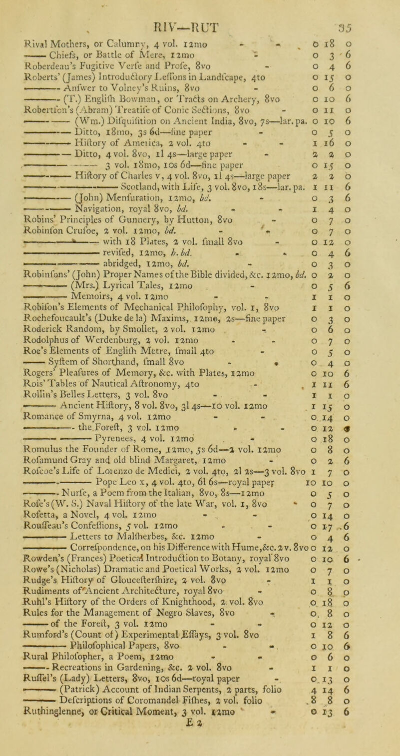 RIV—RUT Rival Mothers, or Calumny, 4 vol. nmo Chiefs, or Battle of Mere, i2mo - Roberdeau’s Fugitive Verfe and Profe, 8vo Roberts’ (James) Introductory Lellbns in Landi'cape, 4to Anfwer to Volney’s Ruins, 8vo (T.) Englilh Bowman, or Trails on Archery, 8vo Roberti'cn’s (Abram) Treadle of Conic SeCtions, 8vo Ditto, i8mo, 3s 6d—tine paper —— Hiltory of Ameiida, 2 vol. 4to Ditto, 4 vol. 8vo, il 4s—large paper — 3 vol. i8mo, 1 os 6d—tine paper Hiltory of Charles v, 4 vol. 8vo, il 4s—large paper — (J°hn) Menl'uratioh, nmo, bd. ■ Navigation, royal 8vo, bd. Robins’ Principles of Gunnery, by Hutton, 8vo Robinfon Crul'oe, 2 vol. 121110, l>d. • * with 18 Plates, 2 vol. fmall 8vo reviled, l2mo, h. bd. • ■ ■ abridged, !2mo, bd. (Mrs.) Lyrical Tales, nmo Memoirs, 4 vol. nmo Robifon’s Elements of Mechanical Philofophy, vol. 1, 8vo Rochefoucault’s (Duke de la) Maxims, nme, 2s—fine paper Roderick Random, by Sniollet, 2 vol. i2mo Rodolphus of Werdenburg, 2 vol. nmo Roe’s Elements of Englilh Metre, fmall 4to Syftem of Shorthand, fmall 8vo - * Rogers’ Pleafures of Memory, &c. with Plates, i2mo Rois’ Tables of Nautical Aftronomy, 4to Rollin’s Belles Letters, 3 vol. 8vo Ancient Hiltory, 8 vol. 8vo, 314s-~-io vol. 121110 Romance of Smyrna, 4 vol. nmo • the.Foreft, 3 vol. nmo Pyrenees, 4 vol. nmo Romulus the Founder of Rome, jimo, 5s 6d—2 vol. l2mo RofamundGray and old blind Margaret, i2mo Pope Leo x, 4 vol. 4to, 61 6s—royal paper Nurle, a Poem from the Italian, 8vo, 8s—1 zmo Rofe’s(W. S.) Naval Hitlory of the late War, vol. 1, 8vo Rofetta, a Novel, 4 vol. 121110 Rcufleau’s Confettions, 5 vol. nmo - — Letters to Maltherbes, &c. izmo Rowden,’s (Frances) Poetical Introduction to Botany, royal 8vo Rowe’s (Nicholas) Dramatic and Poetical Works, 2 vol. nmo Rudge’s Hiltory of Gloucelterfhire, 2 vol. 8vo Rudiments oPAncient Architecture, royal 8vo Ruhl’s Hiltory of the Orders of Knighthood, 2 vol. 8vo Rules for the Management of Negro Slaves, 8vo of the Forelt, 3 vol. i2mo Rumford’s (Count of) Experimental JEflays, 3 vol. 8vo —■ ■ — Philofophical Papers, 8vo - - Rural Philofopher, a Poem, nmo ■ Recreations in Gardening, &c. 2 vol. 8vo Ruflel’s (Lady) Letters, 8vo, ios6d—royal paper • (Patrick) Account of Indian Serpents, 2 parts, folio - Dcfcriptions of Coromandel Fifhes, 2 vol. folio £ a 35 0 18 0 0 3 ' 6 0 4 6 0 15 0 0 6 0 0 xo 6 0 IX 0 >a. 0 10 6 O 5 0 I 16 0 2 2 0 O 15 0 2 2 0 a. 1 XI 6 0 3 6 I 4 0 0 7 0 0 7 0 0 12 0 0 4 6 0 3 0 >d. O 2 0 0 5 6 I 1 0 I 1 0 O 3 0 0 6 0 O 7 0 O 5 0 O 4 0 O 10 6 . I IX 6 I 1 0 I ij 0 0. 14 0 0 12 <9 0 18 O 0 8 O 0 2 6 r0 I 7 0 10 10 0 0 5 0 0 7 0 0 14 0 0 *7 .6 0 4 6 voo 12 0 0 10 6 0 7 0 I X 0 0 8 p 0 18 0 0. 8 0 0 12 0 I 8 6 0 10 6 0 6 0 I 1 0 0. 13 0 4 14 6 .8 8 0