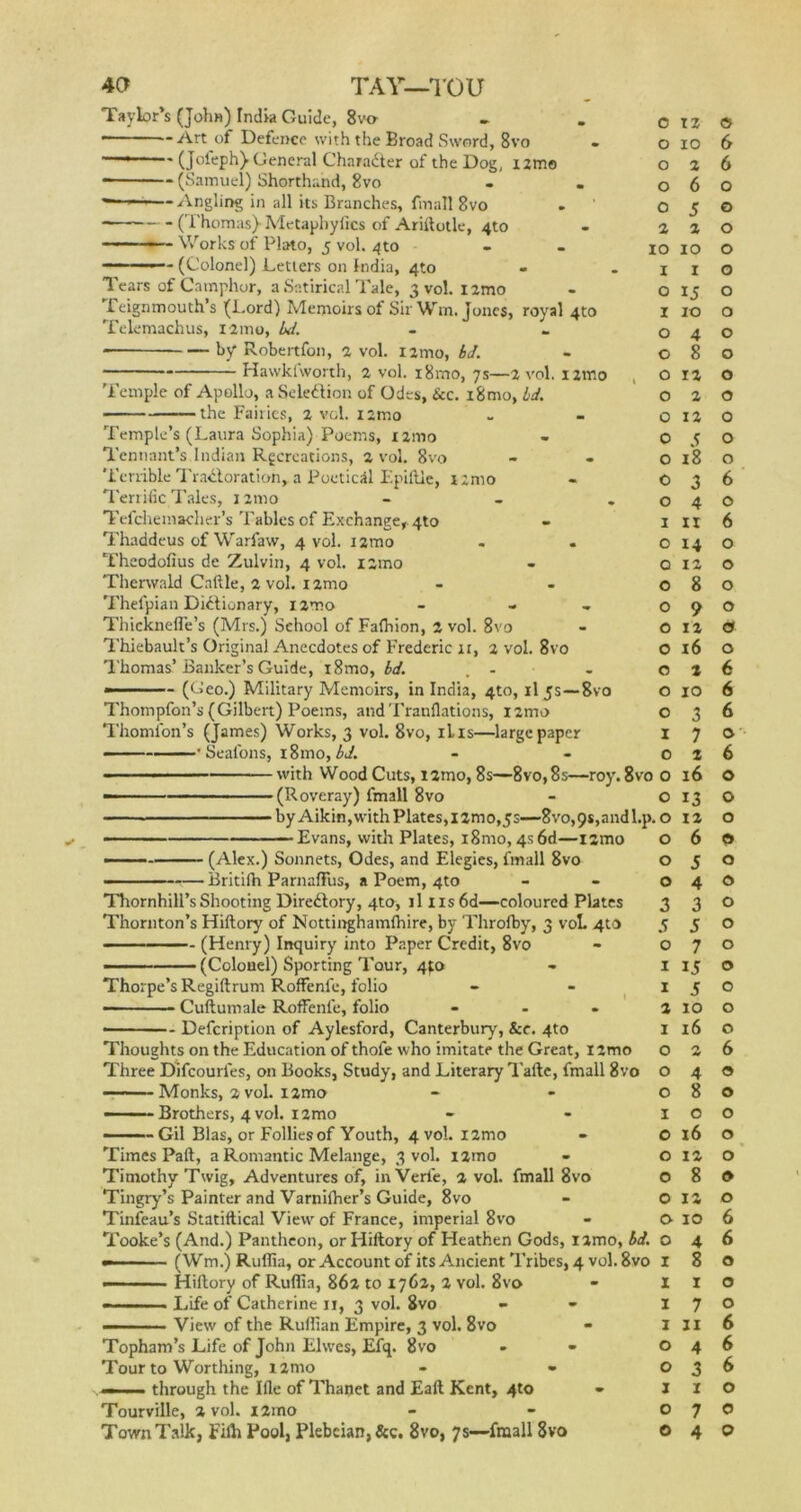 4a TAY—TOU Taylor’s (John) India Guide, 8v» '-Art of Defence with the Broad Sword, 8vo (Jofeph) General Character of the Dog, izm© —- (Samuel) Shorthand, 8vo — Angling in all its Branches, fmall 8vo (Thomas) Metaphyfics of Ariftotle, 4to —Works of Plato, 5 vol. 4to — (Colonel) Letters on India, 4to Tears of Camphor, a Satirical Tale, 3 vol. izmo Teignmouth’s (Lord) Memoirs of Sir Win, Jones, royal 4to Telemachus, iirno, Id. • by' Robertfon, a vol. i2mo, bd. Hawkfworth, 2 vol. i8mo, 7s—2 vol. izmo Temple of Apollo, a Selection of Odes, &c. i8mo, bd. - — the Fairies, 2 vol. izmo Temple’s (Laura Sophia) Poems, i2mo Tennant’s Indian Recreations, 2 vol. 8vo Terrible Tracloration, a Poeticdl Epiftle, izmo Terrific Tales, izmo - Tefdiemacher’s Tables of Exchange, 4to Thaddeus of Warfaw, 4 vol. izmo Theodofius de Zulvin, 4 vol. izmo Therwald Caftle, 2 vol. izmo Thefpian Dictionary, i2mo - - Thicknefle’s (Mrs.) School of Fafhion, 2 vol. 8vo T'hiebault’s Original Anecdotes of Frederic 11, 2 vol. 8vo Thomas’Banker’s Guide, i8mo, bd. - — (Geo.) Military Memoirs, in India, 4to, il 5s—8vo Thompfon’s (Gilbert) Poems, andTranflations, nnw Tliomfon’s (James) Works, 3 vol. 8vo, iLis—large paper • Seafons, i8mo, bd. — with Wood Cuts, i2mo, 8s—8vo,8s—royr. —— (Roveray) fmall 8vo ■Evans, with Plates, i8mo,4s6d—izmo • (Alex.) Sonnets, Odes, and Elegies, fmall 8vo ■ Britifh ParnafFus, a Poem, 4to Thornhill’s Shooting Directory, 4to, il ns6d—coloured Plates Thornton’s Fliftory of Nottinghamfhire, by Throfby, 3 voL 4to ————— (Henry) Inquiry into Paper Credit, 8vo — (Colonel) Sporting Tour, 4fo Thorpe’s Regiftrum Roffenfe, folio Cuftumale Roffenfe, folio -- Defcription of Aylesford, Canterbury, See. 4to Thoughts on the Education of thofe who imitate the Great, l2mo Three Difcourfes, on Books, Study, and Literary Tafte, fmall 8vo Monks, 2 vol. izmo Brothers, 4 vol. nmo Gil Bias, or Follies of Youth, 4 vol. l2mo Times Paft, a Romantic Melange, 3 vol. izmo Timothy Twig, Adventures of, in Verl'e, 2 vol. fmall 8vo Tingry’s Painter and Varnifher’s Guide, 8vo Tinfeau’s Statiftical View of France, imperial 8vo — ■ ■ Hiflory of Ruffia, 862 to 1762, 2 vol. 8vo Life of Catherine 11, 3 vol. 8vo ■■■■ View of the Ruffian Empire, 3 vol. 8vo Topham’s Life of John Elwes, Efq. 8vo Tour to Worthing, i2mo — through the Ifle of Thanet and Eaft Kent, 4to Tourville, 2 vol. i2mo 0 12 O 0 IO 6 0 2 6 0 6 0 0 5 e 2 2 0 IO 10 0 I 1 0 O 15 0 I 10 0 O 4 0 O 8 0 O 12 0 O 2 0 O 12 0 O s 0 O 18 0 O 3 6 O 4 0 I it 6 O 14 0 O 12 0 O 8 0 O 9 0 O 12 0 0 16 0 O 2 6 O 10 6 O 3 6 I 7 0 O 2 6 <0 0 16 0 0 13 0 .p.O 12 0 0 6 0 0 J 0 0 4 0 3 3 0 5 J 0 0 7 0 1 ij 0 1 5 0 2 10 0 1 16 0 0 2 6 0 4 0 0 8 0 1 0 0 0 16 0 0 12 0 0 8 0 0 12 0 0 10 6 i. 0 4 6 0 1 8 0 I 1 0 I 7 0 1 11 6 0 4 6 O 3 6 I 1 0 0 7 0