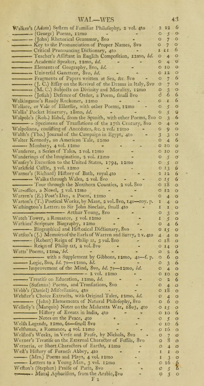 WAL—WES Walker’s (Ailam) Syftem of Familiar Philofophy, 2 vol. 4to ■ — (George) Poems, nmo ————— (John) Rhetorical Grammar, 8vo ■ i — Key to the Pronunciation of Proper Names, 8vo Critical Pronouncing Dictionary, 4to Teacher’s Alliftant in Eaglilh Conipofition, i2mo, bd. Academic Speaker, nmo, bd. — Elements of Geography, 8vo, bd. -■ -- Univerfal Gazetteer, &vo, bd. Fragments of Papers written at Sea, &c. 8vo ——— (J. C.) Elfay on the Revival of the Drama in Italy, 8vo — ■ — (M. C.) Subjects on Divinity and Morality, nmo (Jofiah) Defence of Order, a Poem, fmall 8vo Walkingame’s Ready Reckoner, nmo Wallace, or Vale of Ellerflie, with other Poems, i2mo Wallis’ Pocket Itinerary, i8mo, bd. Walpole’s (kob.) Ii'abel, from the Spanifh, with other Poems, 8vo ——- Specimens ef Tranflations of the 17th Century, 8vo Walpoliana, confuting of Anecdotes, &c. 2 voL i2rao Wallh’s (Tho.) Journal of the Campaign in Egypt, 4to Walter Kennedy, an American 'Pale, nmo Monbary, 4 vol. nmo - Wanderer, a Series of Tales, 2 vol. i2mo Wanderings of the Imagination, 2 vol. i2mo Wanfey’s Excurfion to the United States, 1794, l2mo Warkfield Caftle, 3 vol. nmo Warner’s (Richard) Hiltoryof Bath, royal 4to - ■ Walks through Wales, 2 vol. 8vo ———— Tour through the Northern Counties, 2 vol. 8-vo War-office, a Novel, 3 vol. i2rao Warren’s (E.) Poet’s Day, a Poem, nmo Warton’s (T.) Poetical Works, by Mant, 2 vol. 8vo, 14s—-roy. p. Walhington’s Letters to Sir John Sinclair, fmall 4to ■ Arthur Young, 8vo Watch Tower, a Romance, 5 vol. nmo Watkins’Scripture Biography, nmo Biographical and Hiftorical Dictionary, 8vo Watlon’s (J.) Memoirsofthe Earls of Warren and Surry, 2 v. 410 (Robert) Reign of Philip it, 3 .vol. 8vo Reign of Philip lit, 2 vol. 8vo - Watts’ Poems, 12mo, bd. with a Supplement by Gibbons, nmo, 4s—f. p. Logic, 8vo, bd. 7s—nmo, bd. ———Improvement of the Mind, 8vo, bd. 7s—l2mo, bd. 2 vol. 121110 —— Treatife on Education, i2mo, bd. (Sufanna) Poems, and Tranflations, 8vo Wrebb’s (Daniel) Mifcellanies, 4to Weblter’s Choice Extracts, with Original Tales, i2mo, bd. ——— (John) Elemements of Natural Philofophy, 8vo Wellefly’s (Marquis) Notes on the Mahratta \Yar, 1803, 4to Pliftory of Events in India, 4tp - - Notes on the Peace, 4to • Welfh Legends, i2mo, 6s—linall 8vo Welfhman, a Romance, 4 vol. nmo Welfled’s Works, inVerfe and Prole, by Nichols, 8vo Werner’s Treatife on the External Character of Foffils, 8vo Werneria, or Short Characters of Earths, i2mo Weft’s Hiftory of Furnefs Abbey, 4to (Mrs.) Poems and Plays, 4 vol. X2nio 1 Letters to a Young Man, 3 vol. i2mo Wefton’s (Stephen) Praife of Paris, 8vo - - F 2 43 2 12 6 0 5 0 0 7 0 0 7 0 I 11 6 0 4 0 0 4 0 0 ip 0 0 12 0 0 7 6 0 7 0 0 3 0 d 6 6 0 1 6 0 5 0 0 5 0 0 3 6 0 4 0 0 9 0 3 3 0 0 4 6 0 10 0 0 10 0 0 5 0 0 5 0 0 13 6 2 12 6 0 15 6 0 18 0 0 12 0 0 4 0 1 4 0 1 1 0 0 3 0 1 5 0 0 4 6 0 0 4 4 0 O 18 0 O 14 0 0 2 6 O 6 0 O 3 6 O 4 0 O IO 0 O 2 6 O 4 0 O 18 0 0 4 0 O 6 0 O 15 0 O 10 6 O 5 0 O 10 6 O 16 0 O 7 0 O 8 .0 O 4 0 I 1 0 I 3 0 .0 16 4 p 5 6