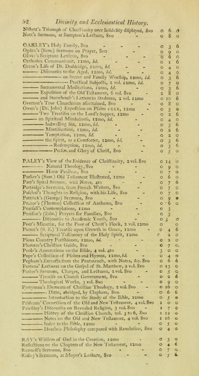 Nifbett’s Triumph of ChiiHi.mity over Infidelity dil'phryed, 8vo Nott’s Sermons, at Bampton’s LeCture, 8vo OAKLEY’s Holy Family, Svo - Ogden’s (Sam.) Sermons on Prayer, 8vo Oliver’s Scripture Lexicon, Svo - - Orthodox Communicant, nmo, bd. - - Oiton’s Life of Dr. Doddiidge, nmo, bd. • Difcouries to the Aged, nmo, bd. on Secret and Family Worlhip, i2mo, bd. -— FraCtical Subjects, 2 vol. nmo, bd. Sacramental Meditations, i2tno, bd. Expofition of the Old Teftament, 6 vol. 8vo and Stonehoufe’s Letters to Stedman, 2 vol. nmo Overton’s True Churchman alcertained, Svo Owen’s (Dr. John) Expolition on Plalm exxx, i2mo ——Two Treatifes on the Lord’s Supper, nmo on Spiritual Mindednei's, i2tno, bd. Indwelling Sin, iamo, bd. Mortification, nmo, bd. Temptation, 121110, bd. the Spirit, as a Comforter, i2mo, bd. Redemption, 121110, bd. — —— Perlim and Glory of Chrift, 8vo PALEY’s View of the Evidence of Chriftianity, 2 vol. 8vo ■ Natural Theology, Svo Horai Paulina;, Svo Parker’s (Sam ) Old Teftament llluftrated, nmo Parr’s Spital Sermon, with Notes, 4to Partridge’s Sermons, from French Writers, Svo Pafchal’s Thoughts 011 Religion, with his Life, 8vo Pattrick’s (George) Sermons, 8vo Pearce’s (Thomas) Collection of Anthems, 8vo Pearlall’s Contemplations, i2mo Pearfon’s (Edw.) Prayers for Families, 8vo * Difcouries to Academic Youth, 8vo Peer’s Minutise, for the Poor of Chrilt’s Flock, 2 vol. i2mo Pierce’s (8. E.) Treatife upon Growth in Grace, nmo Scriptural Teltimony of the Holy Spirit, nmo Pious Country ParHhioner, i2mo, bd. - Plumtre’s Chriftian Guide, 8vo Poole’s Annotations on the Bible, 4 vol. 4to Pope’s Collection of Pi'nlms and Hymns, i2mo,W. Popham’sExtraCts from the Pentateuch, with Notes, See. 8vo Porteus’ LeCiures on the Goi'pel of St. Matthew, 2 vol. 8vo Potter’s Sermons, Charges, and LeCtures, 2 vol, 8vo Treatife 011 Church Government, 8vo Theological Works, 3 vol. 8-vo Pretyman’s Elements of Chriitian Theology, 2 vol. Svo Ditto, abridged, by Clapham, Svo. - Introduction to the Study of the Bible, nmo Prideaux’ Connection of the Old and New Teftament, 4voL8vo Priettley’s Dil'courfes on Revealed Religion, 3 vok Svo Hiftmy of the Chriftian Church, vol. 3 to 6, Svo —~ Notes on the Old and New Teftament, 4 vol. Svo Index to the Bible, nmo — Heathen Philofophy compared with Revelation, 8vo RAY’s Wifclom of Ged in the Creation, i2nio Reflections 011 the Chapters of the New Teftament, nmo Renncll’s Sermons, Svo Ridley’s Sermons, at Moyer’s LeCture, Svo 0 6 <3 0 8 0 0 3 6 0 9 0 0 6 0 0 1 6 0 4 0 0 4 0 0 3 6 0 7 0 0 3 6 2 8 0 O 10 6 O 8 0 0 3 0 O 2 6 O 4 0 O ** o 6 O 2 6 O 2 0 O 3 6 O 3 6 O J 0 c 14 0 0 9 0 0 7 0 0 6 0 0 7 6 0 7 0 0 7 0 0 9 0 0 •6 0 0 3 Q 3 O i 0 O 0 0 4 6 0 2 0 0 2 0 0 7 o. 3 0 0 0 4 0 0 6 6 0 13 0 0 5 0 0 2 6 0 9 0 0 16 0 0 6 6 0 5 0 1 0 0 1 7 0 i 12 0 1 16 0 0 5 0 0 4 0 0 3 0 0 4 6 c 7 a 0 5 4