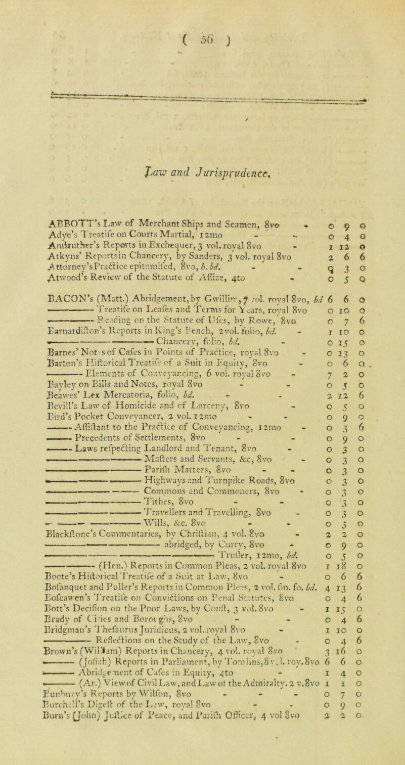 ( 56’ ) Law ami Jurisprudence, AEBOTT’s I,aw of Merchant Ships and Seamen, 8vo •. ©9 Adye’s Treatife on Courts Martial, 121110 - - 04 Anlbruther’s Reports in Exchequer, 3 vol. royal 8vo - 1 12 Atkyns’ Rcportsin Chancery, by Sanders, 3 vol. royal 8vo 2 6 Attorney’sPrafticeepitemiled, 8vo,h.bd. - _93 Atwood’s Review of the Statute of Affize, 4to - O 5 BACON’s (Matt.) Abridgement,by Gwillin',7 /ol. royal 8vo, Id 6 • Treatife on I.enfes and Terms for \ ears, royal 8vo Reading on the Statute of lilts, by Rowe, Bvo Barnardittor’s Reports in King’s bench, 2vol. folio, Id. - Chancery, folio, id. Barnes’Not-s of Cafes in Points of Practice, royal Bvo Barton’s Hiftorical Treatife of a Suit in Equity, Bvo • Elements of Conveyancing, 6 vol. royal Bvo Bay ley on Bills and Notes, royal 8vo Beawes’ Lex Mercatoria, folio, id. Bcviil’s Law of Homicide and cf Larceny, 8vo Bird’s Pocket Conveyancer, 2 vol. 12mo Affiftant to the PraHice of Conveyancing, nmo ■ - Precedents of Settlements, 8vo Laws refpe£ting Landlord and Tenant, 8vo ■■ ■■ . Matters and Servants, &c, 8vo ■ Pariln Matters, Bvo - -  Highways and Turnpike Ronds, Bvo Commons and Commoners, Bvo Tithes, 8vo o 0 1 o o o 7 o 2 O o o o o o o o o o o o 2 o 0 1 o 4 0 1 0 1 o 3 (Jo(iah) Reports in Parliament, by Tomlins,8 v,l. roy.Bvo 6 — ■ — ■■ Abridgement of Cafes in Equity, ^to - 1 • (Ar.) View of CivilLaw,andLavvot the Admiralty. 2 v.8vo 1 Bunhury’s Reports by Wilfon, 8vo - - - o Burcheli’s Digett of the Lew, royal Bvo o • Travellers and Travelling, 8vo — — Wills, &c. 8vo Blackttone’s Commentaries, by Chriftian, 4 vol. Bvo abridged, by Curry, 8vo —— Trailer, i2imo, id. — (Hen.) Reports in Common Pleas, 2 vol. royal 8vo Boote’s Hiftorical Treatife of a Suit at Law, 8vo Bofanquet and Puller’s Reports in Common Pleas, 2 vol. fin. fo. id. Eofcawen’s Treatife on Convictions on Penal Statutes, Bvo Bott’s Decifion on the Poor Laws, by Conft, 3 vol. 8vo Brady of CTies and Borotghs, 8vo Bridgman’s Thefaurus Juridicus, 2 vol.royal Bvo ■ — ■ ■ - RefleCf ions on the Study of the Law, 8vo Brown’s (Wiliam) Reports in Chancery, 4 vol. royal 8vo 6 10 7 10 15 13 6 2 5 12 5 9 3 9 3 3 3 3 3 n .) 3 3 2 9 5 18 6 13 4 15 4 10 4 16 6 4 1 7 9 o o o 6 o Q o o 6 o o o Q O o 6 o o 6 o o o o o o o o o o o o o 6 6 6 o 6 o 6 o o o o o o