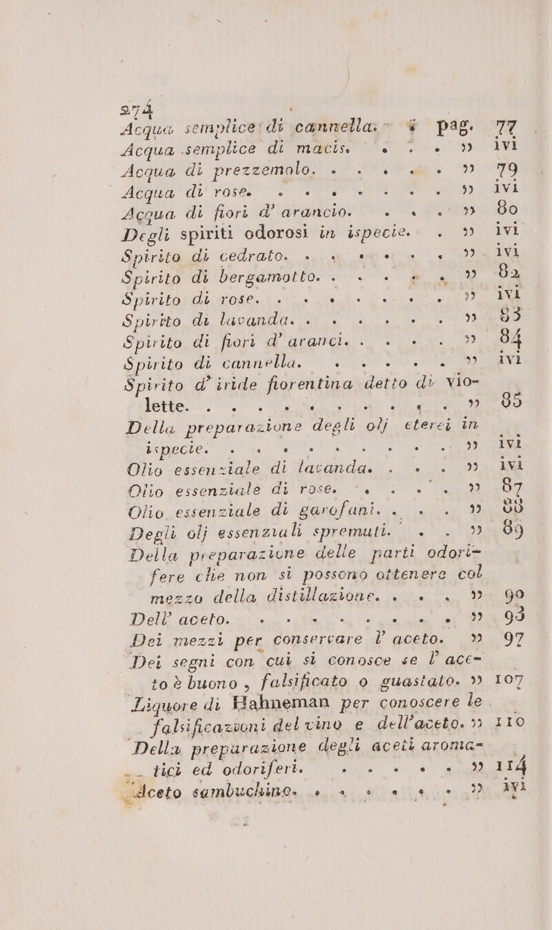 end | Acqua semplice: di cantella.- @ pag. Acqua .semplice di macis. es VIA Acqua di prezzemolo. a” E, | Acqua di POSSI I AL SE IO I) Acqua di fiori d’ arancio. — +. + + Degli spiriti odorosi in ispecie.. . » Spirito di cedrato. &gt;. « eve + Spirito di bergamotto. . ea gli Spiriboi di wosesieiuo attato conio” Spirito di lacandu:&lt;@ AI a Spirito di fort d'arenci, .. &lt; l e. 99 Spirito di cannella. peg peste tit Spirito d’ iride fiorentina detto di vio= lente En se ii go a Della preparazione degli olj eterci in ispecte. ° e SE ° 5 ° ° c 39 Olio essenziale di lacanda. . +. . Olio essenziale dv roses “&gt; 0 Top Della preparazione delle parti odori- fere clie non si possono ottenere col mezzo della distillazione. . è » DR adele ii Dei mezzi per consercare l aceto. Dei segni con cuì sì conosce se V ace to è buono , falsificato o guastato. 9) falsificazioni del vino e dell’aceto. Della preparazione degli aceti aroma- ._ tic ed odoriferi. RE &gt;) idceto sambuchino. n + è» è +»