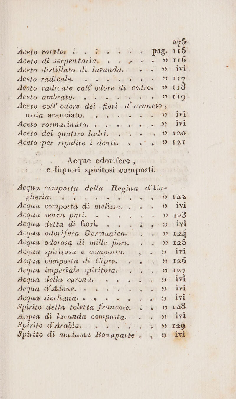 Acetospotttor i. . dos (ll cè pag Aceto di serpentaric. + . a « + Aceto distillato di luvanda. nach, 33 doeetorranitals; ica ml; no Aceto radicale coll odore di cedro. Aceto-ambratos: uv tivo. 3I08S55000 dd M Aceto coll’ odore dei fiori d’ arancio ; Ossi agnello peli oi: et Ac@to trosmazinàlo: è. ‘4 (03 600 0 Aceto deù quaftro ladri... 0. è... Aceto «per ripulire i denti. è» +° è ” Acque odorifere , e liquori spiritosi composti. ora cemposta della Regina d'Un- ghemgirrintai , Picmoligia, sy Lao Acqua composta di melissa. . . . dilata Dori. :i&lt;- &amp; . . 40 29 Megue deita di fiori, 1 segg r) Acqua odorifera Germanica. . . » Acqua odorosa di mille fiori. . . » Acqua spiritosa e composta... » Acqua composta di Cipro... . » Acqua imperiale spiritosa» +. +... Acqua disdidbnio. ara Sì sb inhanrl may Mequat siciliana. + .. + «a &amp; L.pin Spirito della toletta francese. . 2 » Acqua di lavanda composta. +. |. SpiritovdiArabia: &gt; 2) e Wiliziizada » Spirito di madama Bonaparte. +. » 275 115 IT ivi 117 ò IIÒ I19: ivi ivi 120 IDI 12% ivi 120 ivi 124 125 ivi 126 127 ivi ivi ivio 128 ivi 129 ivi