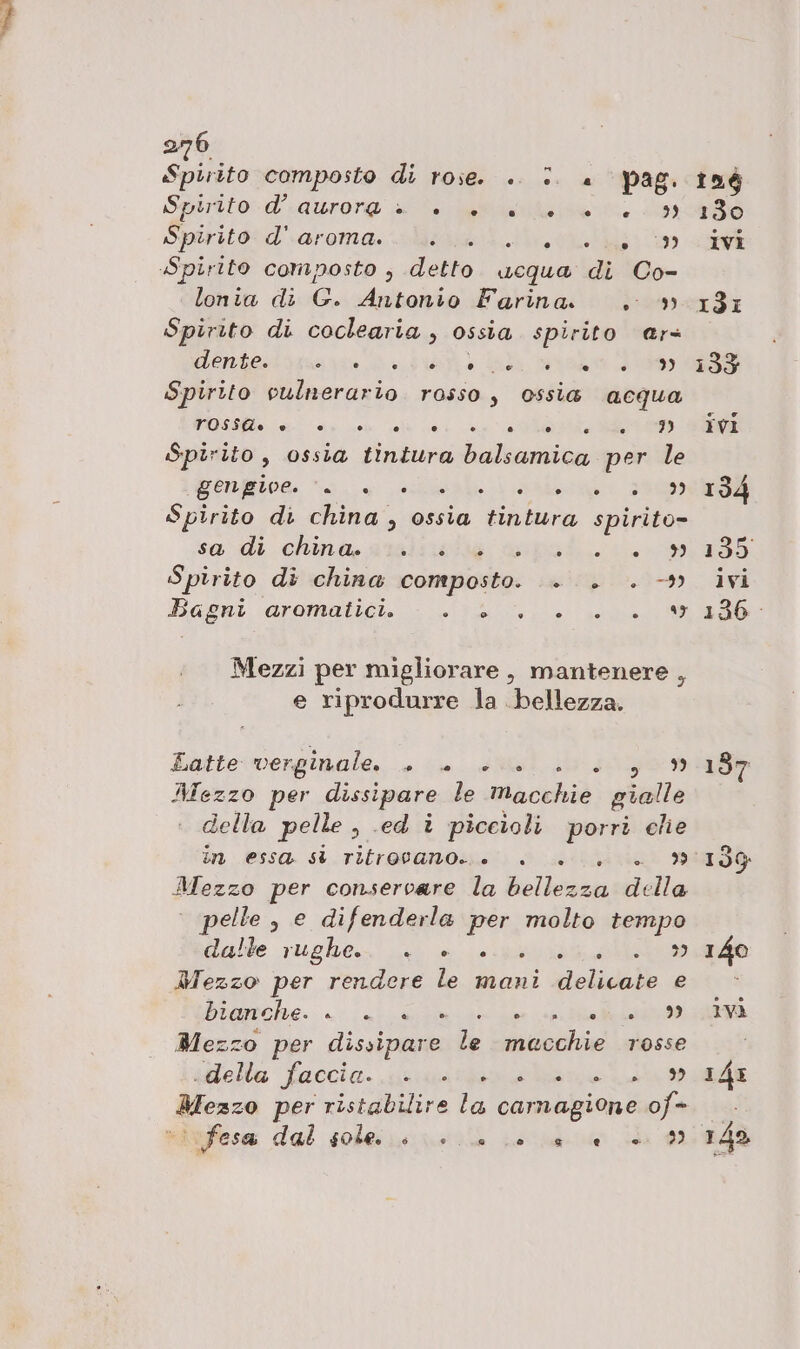 276 Spirito composto di rose. +. È. 4 pag. Spirito: d’.aurore = è. labile e Ve 09) Spirito d'.aroma. lisi ih ela lonia di G. Antonio Farina. . » Spirito di coclearia , ossia spirito @rs denbetisuite aa gar da raro so Spirito culnerario rosso, ossia acqua FOSsiini x ee le nt Ap VIRA TT Spirito, ossia tintura balsamica per le puengiiog. Va. cli) Abene 390 Spirito di china, ossia tintura spirito- sa di china, amiute vipgi... i. Spirito di china composto. . . .-» Bagni aromatici. I ie as Mezzi per migliorare, mantenere , e riprodurre la bellezza. Latte:werguale. » im. «Nesli 0g» Mezzo per dissipare le macchie gialle della pelle , .ed è piceioli porri clie in essa st TitrQVvano: 0 è +0. + 99 Mezzo per conservare la bellezza della | pelle , e difenderla per molto tempo dalle rughe. 2. &amp; eigù sio Mezzo per rendere le mani delida fb e Mezzo per dissipare le macchie rosse «della faccia. ta gie Re n ita DI Mezzo per ristabilire la carnagione 0f= ivffesa dal colei vl je ko cli 156 130 ivi ISI 133 ivi 134 135 ivi 136 -