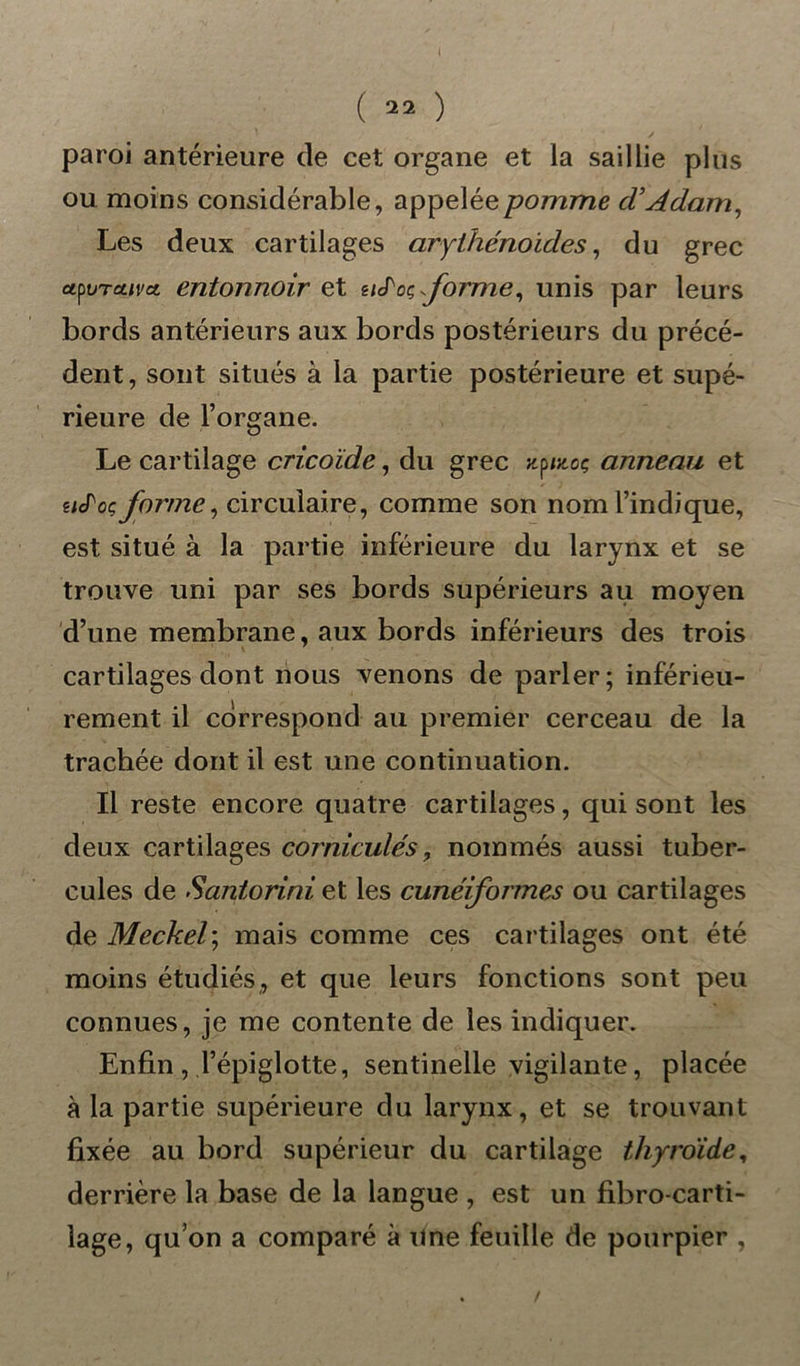 ( 22 ) paroi antérieure (le cet organe et la saillie plus ou moins considérable, appelée pomme d'Adam, Les deux cartilages arythénoides, du grec ctyvTeuvcL entonnoir et forme, unis par leurs bords antérieurs aux bords postérieurs du précé- dent, sont situés à la partie postérieure et supé- rieure de l’organe. Le cartilage cricoïde, du grec xpmoç anneau et g<cToç forme, circulaire, comme son nom l’indique, est situé à la partie inférieure du larynx et se trouve uni par ses bords supérieurs au moyen d’une membrane, aux bords inférieurs des trois cartilages dont nous venons de parler; inférieu- rement il correspond au premier cerceau de la trachée dont il est une continuation. Il reste encore quatre cartilages, qui sont les deux cartilages corniculés, nommés aussi tuber- cules de Santorini et les cunéiformes ou cartilages de Meckel’, mais comme ces cartilages ont été moins étudiés , et que leurs fonctions sont peu connues, je me contente de les indiquer. Enfin, l’épiglotte, sentinelle vigilante, placée à la partie supérieure du larynx, et se trouvant fixée au bord supérieur du cartilage thyroïde, derrière la base de la langue , est un fibro-carti- lage, qu’on a comparé à Une feuille de pourpier ,