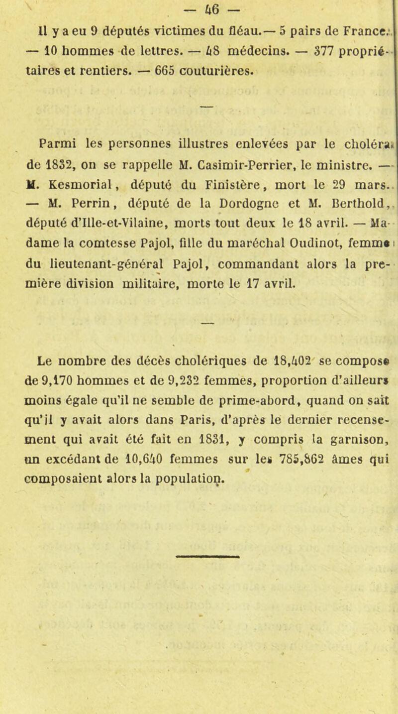 Il y a eu 9 députés victimes du fléau.— 5 pairs de France. — 10 hommes de lettres. — Zj3 médecins. — 377 proprié- taires et rentiers. — 665 couturières. Parmi les personnes illustres enlevées par le choléra» de 1832, on se rappelle M. Casimir-Perrier, le ministre. — M. Kesmorial, député du Finistère, mort le 29 mars. ! — M. Perrin, député de la Dordogne et M. Berthold, député d’Ille-et-Vilaine, morts tout deux le 18 avril. — Ma- dame la comtesse Pajol, fille du maréchal Oudinot, femm« i du lieutenant-général Pajol, commandant alors la pre- mière division militaire, morte le 17 avril. Le nombre des décès cholériques de 18,402 se compose de 9,170 hommes et de 9,232 femmes, proportion d’ailleurs moins égale qu’il ne semble de prime-abord, quand on sait qu’il y avait alors dans Paris, d’après le dernier recense- ment qui avait été fait en 1831, y compris la garnison, on excédant de 10,640 femmes sur les 785,862 âmes qui composaient alors la population.