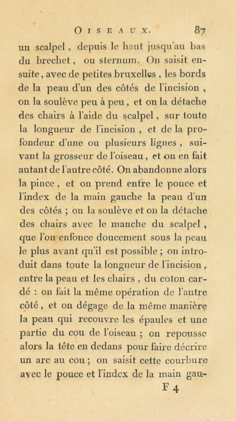 un scalpel , depuis le haut jusqu’au bas du brecliet, ou sternum. O11 saisit en- suite , avec de petites bruxelles , les bords de la peau d’un des côtés de l'incision , on la soulève peu à peu , et on la détache des chairs à l'aide du scalpel, sur toute la longueur de l’incision , et de la pro- lbndeur d’une ou plusieurs lignes , sui- vant la grosseur de l’oiseau, et on en fait autant de l’autre côté. On abandonne alors la pince , et on prend entre le pouce et linclex de la main gauche la peau d’un des côtés ; on la soulève et on la détache des chairs avec le manche du scalpel , que l’on enfonce doucement sous la peau le plus avant qu’il est possible ; 011 intro- duit dans toute la longueur de 1 incision , entre la peau et les chairs , du coton car- dé : on fait la même opération de l’autre côté , et on dégage de la même manière la peau qui recouvre les épaules et une partie du cou de l’oiseau ; 011 repousse alors la tête en dedans pour faire décrire un arc au cou ; on saisit cette courbure avec le pouce et l’index de la main gau- f4