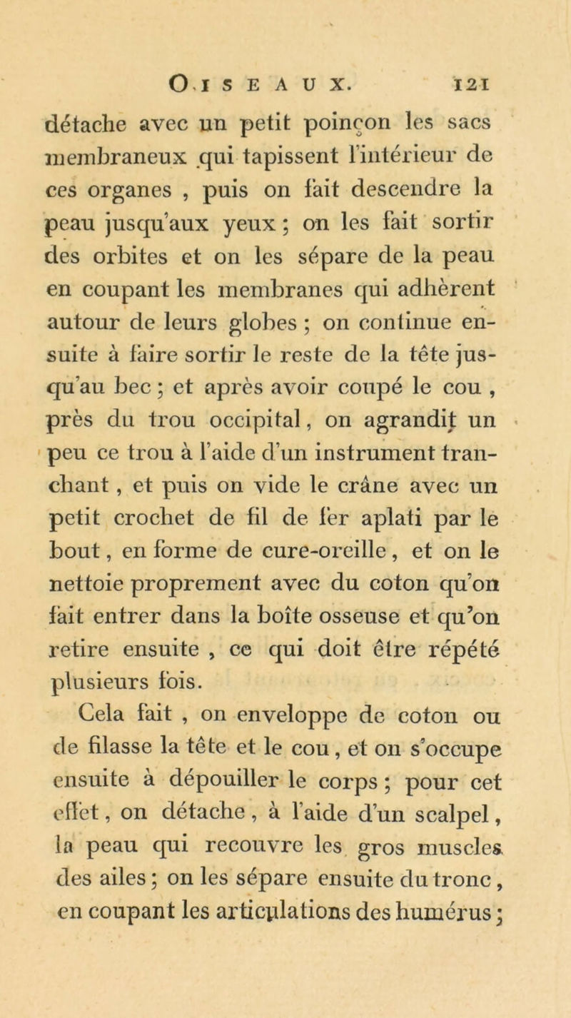 détache avec un petit poinçon les sacs membraneux qui tapissent l’intérieur de ces organes , puis on fait descendre la peau jusqu’aux yeux ; on les fait sortir des orbites et on les sépare de la peau en coupant les membranes qui adhèrent autour de leurs globes ; on continue en- suite à faire sortir le reste de la tête jus- qu’au bec ; et après avoir coupé le cou , près du trou occipital, on agrandit un peu ce trou à l’aide d’un instrument tran- chant , et puis on vide le crâne avec un petit crochet de fil de fer aplati par le bout, en forme de cure-oreille , et on le nettoie proprement avec du coton qu’on fait entrer dans la boîte osseuse et qu’on retire ensuite , ce qui doit être répété plusieurs fois. Cela fait , on enveloppe de coton ou de filasse la tête et le cou, et on s’occupe ensuite à dépouiller le corps ; pour cet effet, on détache , à l’aide d’un scalpel, la peau qui recouvre les gros muscles, des ailes ; on les sépare ensuite du tronc, en coupant les articulations des humérus ;