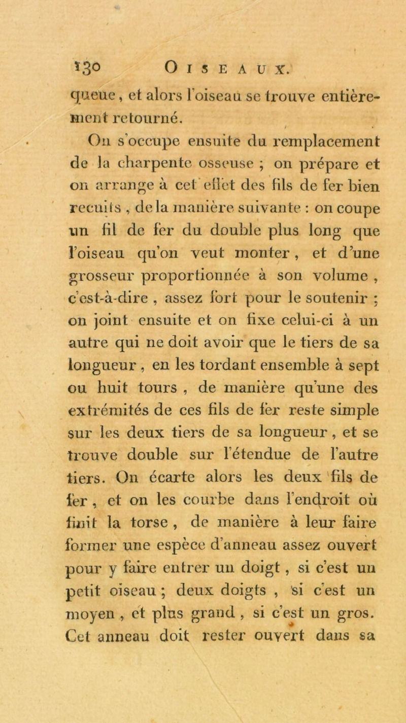 queue, et alors l’oiseau se trouve entière- ment retourné. t • On s’occupe ensuite du remplacement de la charpente osseuse ; on prépare et on arrange à cet effet des fils de fer bien recuits , delà manière suivante : on coupe un fil de fer du double plus long que l’oiseau qu’on veut monter, et d’une grosseur proportionnée à son volume , c’est-à-dire , assez fort pour le soutenir : on joint ensuite et on fixe celui-ci à un autre qui ne doit avoir que le tiers de sa longueur , en les tordant ensemble à sept ou huit tours , de manière qu’une des extrémités de ces fils de 1er reste simple sur les deux tiers de sa longueur, et se trouve double sur l’étendue de l’autre tiers. On écarte alors les deux fils de fer , et on les courbe dans l’endroit où finit la torse , de manière à leur faire former une espèce d’anneau assez ouvert pour y faire entrer un doigt, si c’est un petit oiseau ; deux doigts , si c’est un moyen , et plus grand , si c’est un gros. Cet anneau doit rester ouvert dans sa