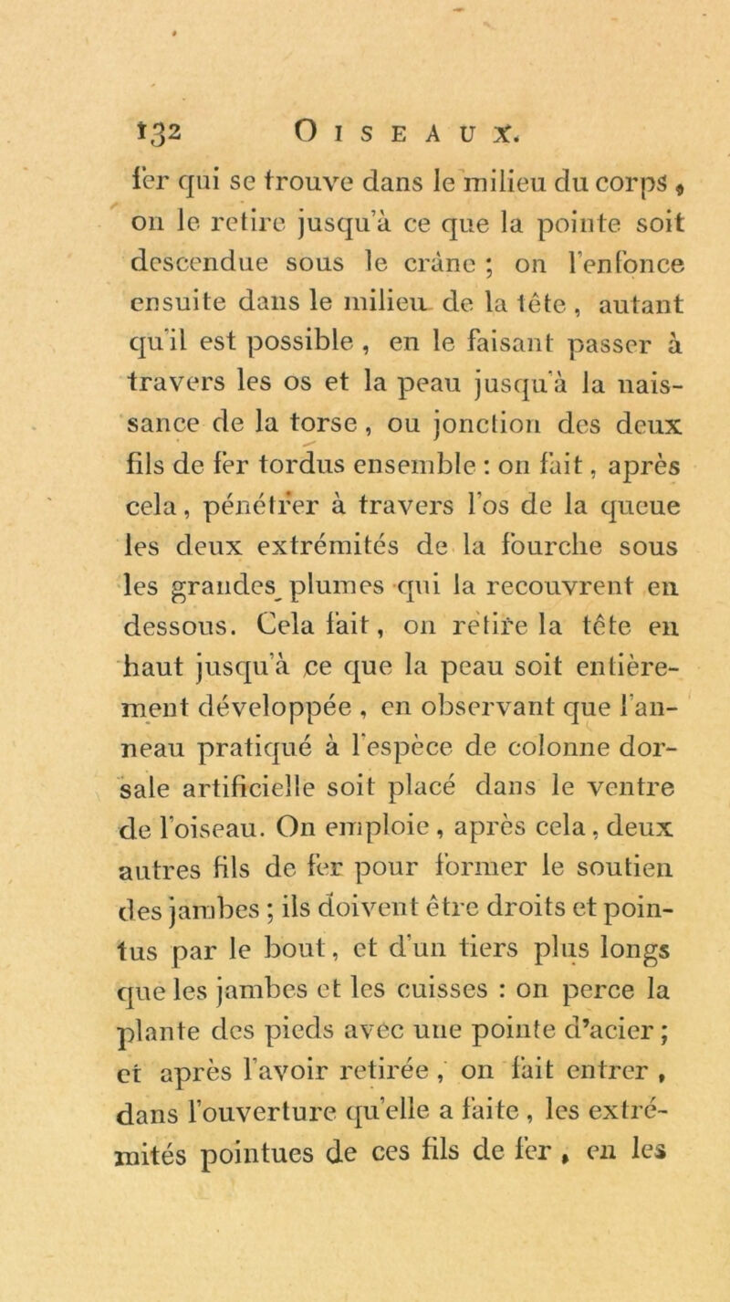 1er qui se trouve dans le milieu du corps * on le retire jusqu’à ce que la pointe soit descendue sous le crâne ; on renfonce ensuite dans le milieu de la tête , autant qu’il est possible , en le faisant passer à travers les os et la peau jusqu’à la nais- sance de la torse, ou jonction des deux fils de 1er tordus ensemble : on fait, après cela, pénétrer à travers l’os de la queue les deux extrémités de la fourche sous les grandes plumes qui la recouvrent en dessous. Cela fait, on retire la tête en haut jusqu’à ce que la peau soit entière- ment développée , en observant que l’an- neau pratiqué à l’espèce de colonne dor- sale artificielle soit placé dans le ventre de l’oiseau. On emploie , après cela, deux autres fils de fer pour former le soutieii des jambes ; ils doivent être droits et poin- tus par le bout, et d’un tiers plus longs que les jambes et les cuisses : on perce la plante des pieds avec une pointe d’acier; et après l’avoir retirée, on fait entrer , dans l’ouverture quelle a faite , les extré- mités pointues de ces fils de fer , en les