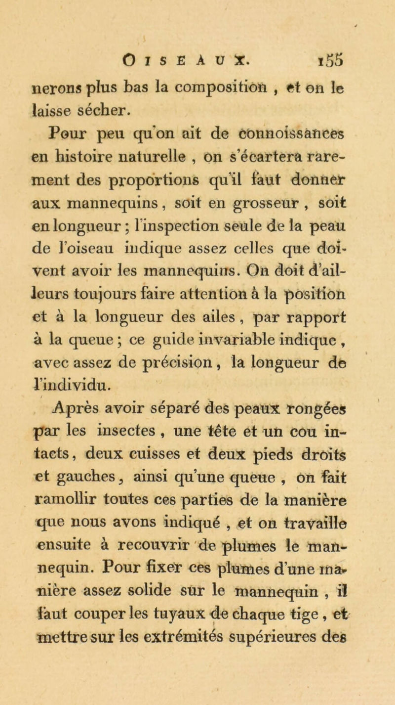 nerons plus bas la composition , et on le laisse sécher. Pour peu qu'on ait de cOnnoissances en histoire naturelle , on s’écartera rare- ment des proportions qu’il faut donner aux mannequins, soit en grosseur , soit en longueur ; 1 inspection seule de la peau de foiseau indique assez celles que doi- vent avoir les mannequins. On doit d’ail- leurs toujours faire attention à la position et à la longueur des ailes, par rapport à la queue ; ce guide invariable indique , avec assez de précision , la longueur de l’individu. s Après avoir séparé des peaux rongées par les insectes , une tète et un cou in- tacts , deux cuisses et deux pieds droits et gauches 3 ainsi qu’une queue , on fait ramollir toutes ces parties de la manière que nous avons indiqué , et on travaille ensuite à recouvrir de plumes le man- nequin. Pour fixer ces plumes d’une ma* nière assez solide sur le mannequin , il faut couper les tuyaux de chaque tige, et mettre sur les extrémités supérieures des