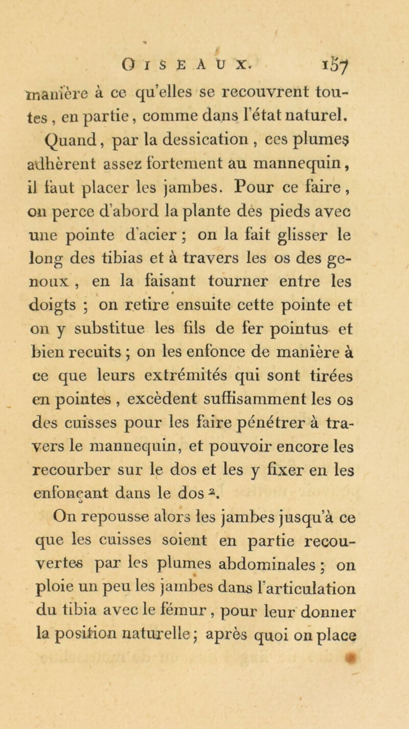 manière à ce qu’elles se recouvrent tou- tes , en partie, comme dans letatnaturel. Quand, par la dessication , ces plume? adhèrent assez fortement au mannequin, il faut placer les jambes. Pour ce faire, on perce d’abord la plante des pieds avec une pointe d’acier ; on la fait glisser le long des tibias et à travers les os des ge- noux , en la faisant tourner entre les . » doigts ; on retire ensuite cette pointe et on y substitue les fils de fer pointus et bien recuits ; on les enfonce de manière à ce que leurs extrémités qui sont tirées eu pointes , excèdent suffisamment les os des cuisses pour les faire pénétrer à tra- vers le mannequin, et pouvoir encore les recourber sur le dos et les y fixer en les enfonçant dans le dos On repousse alors les jambes jusqu’à ce que les cuisses soient en partie recou- vertes par les plumes abdominales ; on • * ploie un peu les jambes dans l'articulation du tibia avec le fémur , pour leur donner la position naturelle; après quoi on place