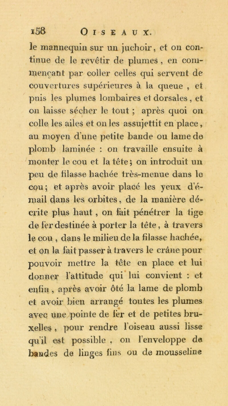 le mannequin sur un juchoir, et on con- tinue de le revêtir de plumes , en com- mençant par coller celles qui servent de couvertures supérieures à la queue , et puis les plumes lombaires et dorsales, et on laisse sécher le tout ; après quoi on colle les ailes et on les assujettit en place, au moyen d une petite bande ou lame de plomb laminée : on travaille ensuite à monter le cou et la tête ; on introduit un peu de filasse hachée très-menue dans le cou; et après avoir placé les yeux d’é- mail dans les orbites, de la manière dé- crite plus haut , on fait pénétrer la tige de fer destinée à porter la tête, à travers le cou , dans le milieu de la filasse hachée, et on la fait passer à travers le crâne pour pouvoir mettre la tête en place et lui donner l’attitude qui lui convient : et enfin, après avoir ôté la lame de plomb et avoir bien arrangé toutes les plumes avec une pointe de fer et de petites bru- xelles , pour rendre 1 oiseau aussi lisse qu'il est possible , on l’enveloppe de bandes de linges lins ou de mousseline