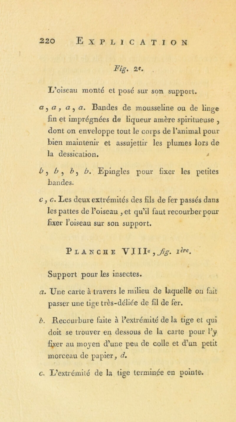 Fig. 2t. , L’oiseau monté et posé sur son support. a y a T a j a. Bandes de mousseline ou de linge fin et imprégnées de liqueur amère spiritueuse , dont on enveloppe tout le corps de l’animal pour bien maintenir et assujettir les plumes lors de la dessication. * b) b, &5 b. Epingles pour fixer les petites bandes. c, c. Les deux extrémités des fils de fer passés dans les pattes de l’oiseau , et qu’il faut recourber pour fixer l'oiseau sur son support. Planche VIIIe,Jig. i'ere. Support pour les insectes. ci. Une carte à travers le milieu de laquelle on fait passer une tige très-déliée de fil de fer. b. Reccurbure faite à l’extrémité de la tige et qui doit se trouver en dessous de la carte pour Vy fixer au moyen d’une peu de colle et d’un petit morceau de papier, d. c. L’extrémité de la tige terminée en pointe.