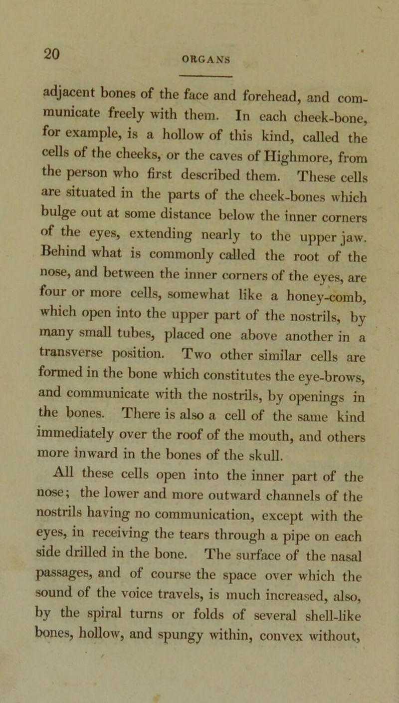 ORGANS adjacent bones of the face and forehead, and com- municate freely with them. In each cheek-bone, for example, is a hollow of this kind, called the cells of the cheeks, or the caves of Highmore, from the person who first described them. These cells are situated in the parts of the cheek-bones which bulge out at some distance below the inner corners of the eyes, extending nearly to the upper jaw. Behind what is commonly called the root of the nose, and between the inner corners of the eyes, are four or more cells, somewhat like a honey-comb, which open into the upper part of the nostrils, by many small tubes, placed one above another in a transverse position. Two other similar cells are formed in the bone which constitutes the eye-brows, and communicate with the nostrils, by openings in the bones. There is also a cell of the same kind immediately over the roof of the mouth, and others more inward in the bones of the skull. All these cells open into the inner part of the nose; the lower and more outward channels of the nostrils having no communication, except with the eyes, in receiving the tears through a pipe on each side drilled in the bone. The surface of the nasal passages, and of course the space over which the sound of the voice travels, is much increased, also, by the spiral turns or folds of several shell-like bones, hollow, and spungy within, convex without,