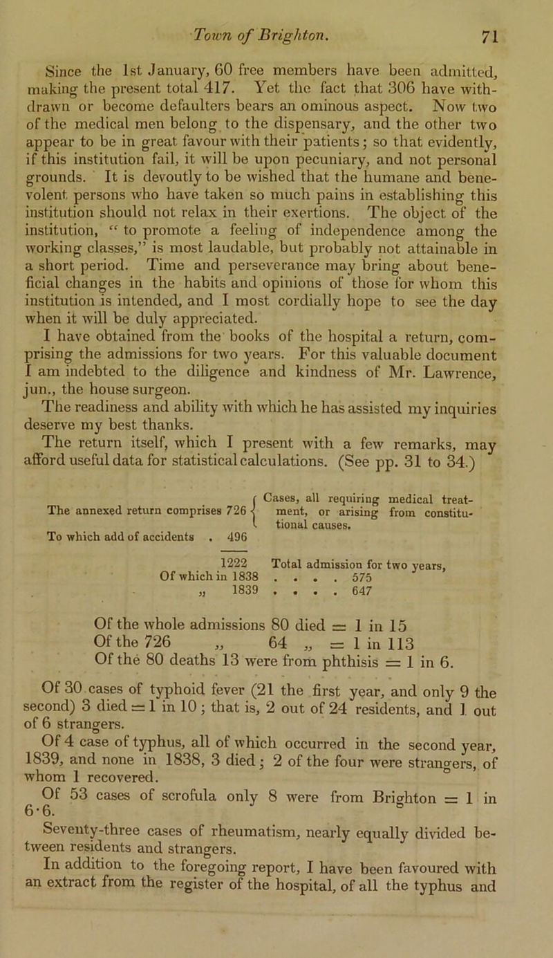 Since the 1st January, 60 free members have been admitted, making the present total 417. Yet the fact that 306 have with- drawn or become defaulters bears an ominous aspect. Now two of the medical men belong to the dispensary, and the other two appear to be in great favour with their patients; so that evidently, if this institution fail, it will be upon pecuniary, and not personal grounds. It is devoutly to be wished that the humane and bene- volent persons who have taken so much pains in establishing this institution should not relax in their exertions. The object of the institution, “ to promote a feeling of independence among the working classes,” is most laudable, but probably not attainable in a short period. Time and perseverance may bring about bene- ficial changes in the habits and opinions of those for whom this institution is intended, and I most cordially hope to see the day when it will be duly appreciated. I have obtained from the books of the hospital a return, com- prising the admissions for two years. For this valuable document I am indebted to the diligence and kindness of Mr. Lawrence, jun., the house surgeon. The readiness and ability with which he has assisted my inquiries deserve my best thanks. The return itself, which I present with a few remarks, may afford useful data for statistical calculations. (See pp. 31 to 34.) {Cases, all requiring medical treat- ment, or arising from constitu- tional causes. To which add of accidents . 496 1222 Total admission for two years, Of which in 1838 .... 575 „ 1839 .... 647 Of the whole admissions 80 died = 1 in 15 Of the 726 „ 64 „ =1 in 113 Of the 80 deaths 13 were from phthisis = 1 in 6. Of 30 cases of typhoid fever (21 the first year, and only 9 the second) 3 died = 1 in 10; that is, 2 out of 24 residents, and 1 out of 6 strangers. Of 4 case of typhus, all of which occurred in the second year, 1839, and none in 1838, 3 died; 2 of the four were strangers, of whom 1 recovered. Of 53 cases of scrofula only 8 were from Brighton — 1 in 6-6. ° Seventy-three cases of rheumatism, nearly equally divided be- tween residents and strangers. In addition to the foregoing report, I have been favoured with an extract from the register of the hospital, of all the typhus and