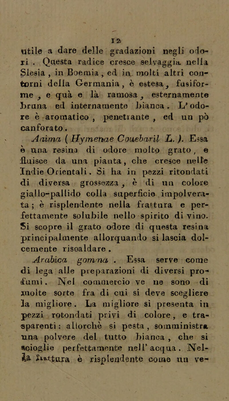 utile a dare delle gradazioul negli odo- ri . Questa radice cresce selvaggiiu nella Slesia , in Boemia, ed in, molti altri con- torni della Germania, è estesa^ fusifor- me , e quà e là ramosa, esternamente Bruna ed internamente bianca. Inodo- re è aromatico , penetrante , ed un pò canforato. Aaima ( Hymenae Coiieharil L. ). Essa è una resina di odore molto grato, e fluisce da una pianta, che cresce nelle Indie Orientali. Si ha in pezzi ritondati di diversa grossezza^ è di un colore giallo-pallido colia superficie impolvera- ta; è risplendente nella frattura e per- fettamente solubile nello spirito divino. Si scopre il grato odore di questa resina principalmente allorquando si lascia dol- cemente riscaldare . Arabica gomna . Essa serve come di lega alle preparazioni di diversi pro- fumi . Nel commercio ve ne sono di molte sorte fra di cui si deve scegliere la migliore. La migliore sì presenta in pezzi rotondati privi di colore, e tra- sparenti : allorché si pesta, somministra una polvere del tutto bianca , che si scioglie perfettamente nell’acqua. Nel- U è risplendente come un ve-