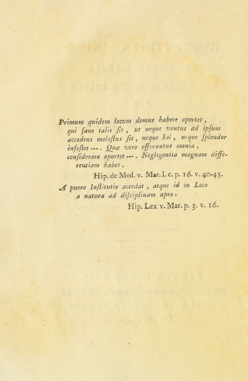 Primum quidem locum domus babevc opoìtet , qui fané talis fit , ut ncque ventus ad ipfum accedens molefìus fit, neque Sol ì n>que Jolendor infejìet —. Qp* 'vero offeruntur omnia . considerare oportet — . Negltgentta magnam diffe- reati am babet. Hip. de Med. v. Mar. 1. c. p. i <5. v. 40-45. ^ Injìitutio accedat , ^ 0 natura ad difciplinam apio. Hip. Lex v. Mar. p. 3. v. 16.