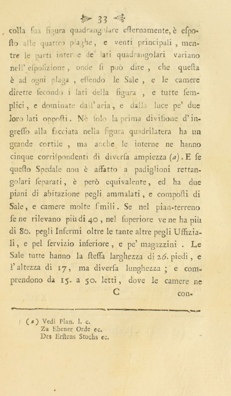 colla fu figura quadrangole eternamente, è efpo- fto alle quattro plaghe, e venti principali , men- tre le parti inrer e de 'ari quad-angolari variano nell’ efpolizione, onde li p iò dire , che quella è ad noni plana , efièndo le Sale , e le camere dirette fecondo 1 lati deila figura , e tutte l'em- plici , e dominate clavaria, e dall: luce pe’ due loro lati op polli . Nd io lo la prima divifione d’in- greffo alla facciata nella figura quadrilatera ha un grande cortile , ma anche le interne ne hanno cinque corrilpondenti di divetta ampiezza (a). E fe quello Spedale non è affatto a padiglioni rettan- golari feparati, è però equivalente, ed ha due piani di abitazione pegli ammalati, e compofii di Sale, e camere molte fmili. Se nel pian-terreno lene rilevano piu di 40, nel fuperiore ve ne ha più di 80. pegli Infermi oltre le tante altre pegli Uffizia- li, e pel fervizio inferiore, e pe’ magazzini . Le Sale tutte hanno la ftelfa larghezza di zó. piedi, e l’altezza di 17, ma diverfa lunghezza • e com- prendono da 15. a 50. letti, dove le camere ne C con- ! ( « ) Vedi Pian. 1. c. Zu Ebener Orde ec. Des Erftcns Stochs cz.