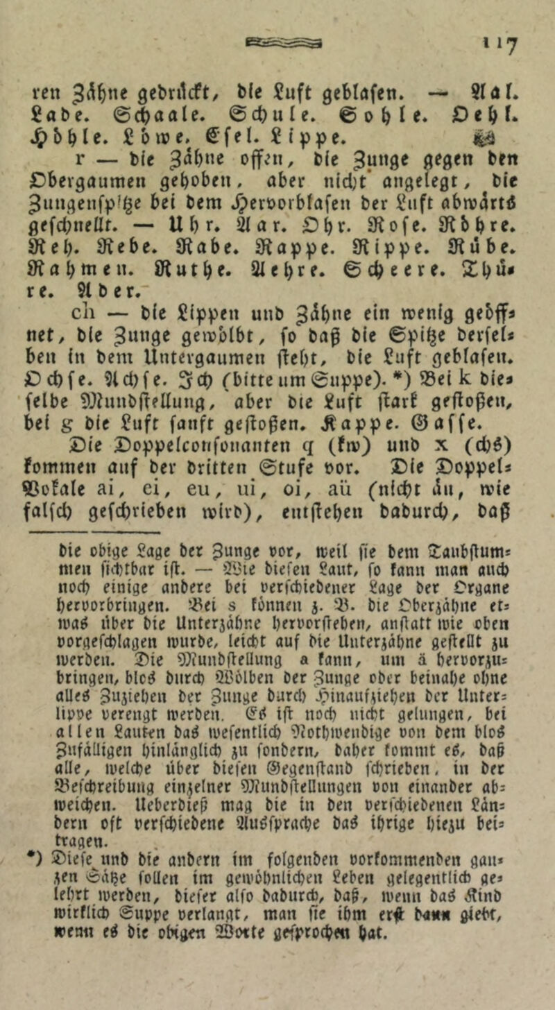 ren gcbnlcft/ ble 5uft geblöfen. — StäL £abe. ©^aale. (Schule. ©oM^* OeH* J^bMe. £ ^ fest r — bic ^äbne offv’ii, ble ßbeigaumen geboben, aber nidjt* angelegt ^ ble ^ungenfplige bet bem *^erborblafen ber Siift abnj(5rtö gefd;nelif. — Ubr. 21a r. £5bv. SRofe. 3fibbre. ^el). 3iebe, SRabe. Siappe. JKippe. 9iübe. Öfabttien. ölutbc* 2lel)re. ©cbeete. 2b re. 91 b er.“ ch — ble Sippen unb trenig gebffs net/ ble ^unge geivblbt, fo baf ble ©pi^e bevfcl* bei! In bem Üntevgaumen fbebt. ble Suft geblafen. )D d) f e. 91 d) f e. 3 d) (bitte um ©uppe). *) 23el k ble« felbe 5}hinbjteIIung, aber bie Suft jlarf geflogen, bei s ble Suff fanft geflogen. Äappe. ©affe. Die Doppelconfananten q (fn?) unb x (cbö) fommen auf ber brüten ©tufe bor. Die Doppel* ©ofale ai, ei/ eu, ui, oi/ aii (nicbt du, »vie falfd) gefdbrieben wirb)/ entjicbcn baburcb, ba0 bie obige Sage ber ^unge »ot/ weil fie bem Itaubgum* men fiittbur i(l. — »Bie biefen Saut, fo fann man aud) noch einige anbete bei »erfcbiebener Sage bet Ctgane Ijeroorbriiigen. '-i^ei s fbnneu j. ‘43. bie Cbcrjabne et! lua^ über bie Unterjäbne beroorfleben/ anjlatt loie oben ootgefcblagen nmrbe, leicbt auf bie Uuterjäbne gefleDlt ju luetben. 3)te ^Jiuubüellung a fanu, um ä bercotüu= bringen, blc^ burd) »2ß6lben ber ^unge ober beinahe ohne alleg gujtehen bet ^iinge bard) ^inaufüehen ber Hütet! Itppe oereugt n?erben. (5g ifl noch nicht gelungen, bei allen Sauten bag ivefentlich 9iothiuenbige »on bem blog Anfälligen hinlänglich ju fonbern, bähet fommt eg, ba& alle, luelche über biefen ©egeuflanb fchrieben, in bet 93efchreibuug einzelner 9Jfunbftellungen oou einanbet ab* loeichen. Ueberbiep mag bie in ben oerfchiebenen Sdn* bern oft oerfchiebene Qlugfprache bag ihrige hieiu bei* tragen. *) Diefe^unb bie anbern im folgenben oorfommenben gaii* ,3en ©älje foUen im geivöhnlichen Sehen gelegentlicb ge* lehrt luerben, biefer alfo baburdj, ba^, lüeun bag Äinb loitflich ©uppe oerlangt, man |ie ihm erft baim ßiehf, wen« eg bie obigen Borte gefptochen hat.