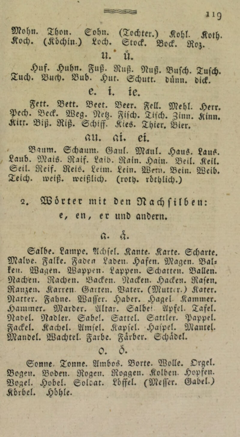 iig 9)?or)n. ^od;. i!cd^ (^odfjter.) ^0^1. ^otb. etocf. Socf. «Rpj.. U. Jpiif. ^ubn. gu(5. 3ffut?. ?«u0. g^ufc^). ^ufcb. ^ud). S5iifb. 23ub. 4>ur. @cbutr. Dünn. Dicf. e. t. te. 5ett. SSett. S3ect. 25eer. 5D?ebI. 4>err. ^ed). 53ccf. SBeg. J^ifd). Zm. ^Inn. Jiinn. JÜttr. ',8ip. ©d)t|t. Jileö. Xbier. «Öicr. au. au et. » 53aum. ©cf)anm. ©auf. 5!}?<inl. .^au«. ?au^*. Sniib. 5??aiö. g^aif. ^nib. Üinln. jpaln. «Seil. .Rcll. @cil. 3^^eif. gjeiö. ?eim. Sein. aßmi. ©ein. ©3eib. 2:eicb. »veiß. wei^lid;. (rotb. rbtblid;.) Q. SCBöcter mit ben 9fla(f)filbcn: c, cn, ec uuö anbern. a* ©ölbe. Sampe. 5ld)fer. jtante. ^arte. ed^artc. ?D?aIüc. galFe. gaben Saben. .^afen. gj^agen. ©al* Fcti. gßajKn. ©Rappen. Sappen. 0d)atten. ©allen. 9tad)cii. gtad)en. ©aefen. Olacfen. .?)acfen. giafeit. gfianjen. .Darren, ©arten, ©ater. (üOiuttrrJ .Rater. Dtatter. gabne. SLBalTer. .^aber. .^npel. .Rammer. jT^amtner. gjtavber. i^lltar. Falbel ‘2/pfel. S:afel. Dtabel. ©abler. ©abef. ©attel. ©attler. g)appel. gacfel. .Rad)el. 3imfel. jlapfel. -J^afpel. gjiantel. ©?anbcl. äßad;tel. garbc. garber. ©ci^abel. 0. 5. ©onnc. ‘Jionnc. Slmboö. ©orte. ®oIle. Drgel. ©ogen. ©oben. Stögen. Stoggen. .Rolben. .Hopfen, ©ogcl. .^obel. ©olcat. Sbffel. (SÜteffer. ©abel.) jlbrbcl.