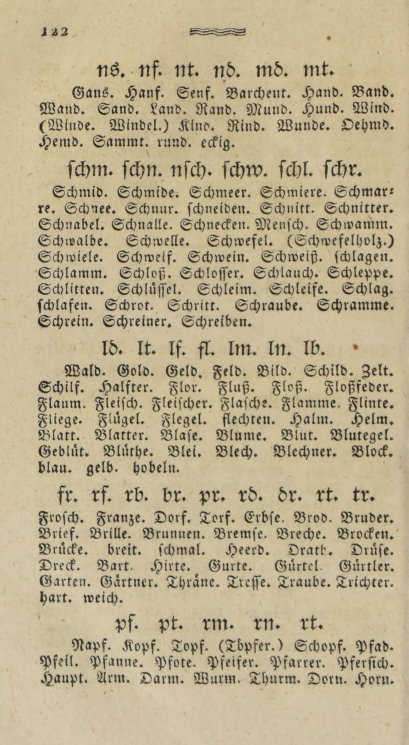 J A2 nö. tif. tit ii5. m5* mt • t ©anß. ^anf. 0enf. g5ard)euf. ^anb. 93«nb. 5Banb. ©atib. i'anb. S^anb. 9Jhiub. Jpuiib. 5lß(nb. (SlBinbe. Slßinbcl.) jtlnb. 3ftinb. aßunbe. £>e|^mb. /pemb. ©rtmmt. riinb. ecfig. fd}in» fd)n. nfdp* fd)tr>, fd)L fd)r. ©d)mlb. ©djmibc. 0d)mcer. @d)mievc. ©djmör« re. ©cl)nee. 0ct)mir. fd)neibcn. 0d)nirt. ©djnitter. ©d)!iabel. 0d)nalle. 0d)iied'en. 3)Jeii(d). ©d)irariim. 0d)i»albe. 0d)tve[lc. ^djirefel. (0d)n)efeÜ)oIj.) 0d)iv)iclc. 0d)txielf. ©djivein. @d)»vciß. (d)lagen. @d)lamm. 0d)lcß. 0d)lo|ycr. 0d)laad). 0d)leppc, 0d)litteu. ©d^Iiijitel. 0d)leim. 0d)Uife. 0d)lag. fd)Iafcn. ©d)rof. 0d)ritt. 0d;raube. 0dpramme. 0d;i-«in. ©d^retncr, 0d;rctben. 15. It If. fr. Itn. In. 15. • 5BaIb. @olb. @clb. gelb. 95ilb. ©d)ilb. 3clt. 0d)llf. Jpalfter. gloi*. glujj. g{pf>. glopfcbcr. glaiim. glelfd). g(eifd)er. glafd)?. glammc. gllnre. gliege. glugel. glcgel. fled)tcn. jpalui. .^elm. S^Kut. Klafter. Slafe. 93Iumc. 25lut. 58(utegel. ©ebliU. ®Iüfl)e. ^lei. SSIed). 23lcc^ner. S3locf. blau. gelb, bi’belu. fr. rf. rb. lu*. pi% r5. 5r. rt tr. gvofd). granje. £)orf. Xcrf. ^'vbfc. 93rob. 95rubcr. 5Prlef. JÖrlllc. 93rumien. 33rem|'c. ^Siedje. SSrocfeu. S3ru(fc. bicit. fd)mal. Jpeerb. Dratb. Drüfe. £)vetf. 9?avt. ©urtc. ©urtcI. ©urtler. ©arten, ©artucr. X^tane. Xvcffe. üraube. Jtrtdpter. I^art. ireid). :pf. pt rm. rti. rt. 9]apf. ^opf. (S:bpfer.) @d)ppf. ^fab- ^fe(l. Pfanne. «Pfote. «Pfeifer. «Pfarrer, ^'ferfid). .^aupt. «ilrm. Darm. «IBurm. 2:I)urm. Dorn, jporu.