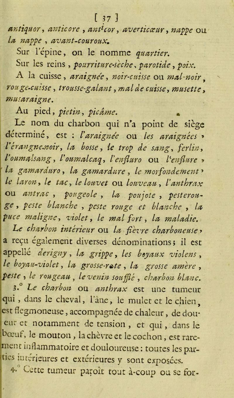 antiquor, anticore , antlcor, avertie ce ur, nappe ou //z nappe , avant-couroux,. Sur l’épine, on le nomme quartier. Sur les reins , pourriture-sèche, parotide, poix. A la cuisse, araignée, noir-cuisse ou mal-noir, rouge-cuisse, trousse-galant, mal de cuisse, musette, musaraigne. Au pied, pietiny pic âme. * Le nom du charbon qui n’a point de siège déterminé, est : l'araigne'e ou les araignées » l erangne.noir, la bosse, le trop de sang-, ferlin, / ouma-sang, /’oumalcaq-, l'enfluro ou V enflure » Lz gamarduro, la gamardure y le motfondement » /e larony le tac, le Louvet ou louve au, l’anthrax ou antrac , pougeole , poujote , pesterou- ge y peste blanche , pci/e rouge et blanche , /wrr maligne, violet, /c wæ/ , /^z maladie. Le charbon intérieur ou fièvre charboneuse ■> a reçu egalement diverses dénominations} il est appelle derigny , grippe, les boyaux violens , /e boyau-violet y la grosse-rate, grosse amère , peste , /<? rouge au , le venin soufflé , charbon blanc. B. Le charbon ou. anthrax est une tumeur qui , dans le cheval, l’âne, le mulet et le chien> est flegmoneuse, accompagnée de chaleur, de dou- ent et notamment de tension , et qui, dans le bœuf, le mouton , la chèvre et le cochon, est rare- ment inflammatoire et douloureuse : toutes les par- ties intérieures et extérieures 7 sont exposées. *• ' Cette tumeur paroît tout à-coup ou se for-