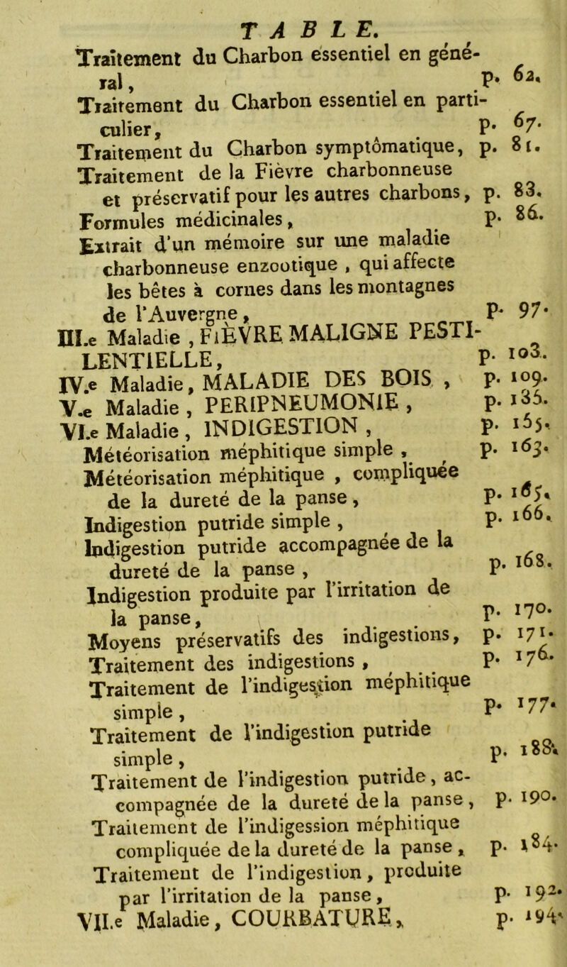 P* P- P- P- TABLE. Traitement du Charbon essentiel en gene- wl» , . . Tiaitement du Charbon essentiel en parti- culier. Traitement du Charbon symptomatique, Traitement de la Fièvre charbonneuse et préservatif pour les autres charbons, Formules médicinales, Extrait d’un mémoire sur une maladie charbonneuse enzootique , qui affecte Jes bêtes à cornes dans les montagnes de 1‘Auvergne, Hî.e Maladie , FiEVRE. MALIGNE PESTI LENTIELLE, IV. e Maladie, MALADIE DES BOIS , V. e Maladie , PERIPNEUMONIE , VI. e Maladie , INDIGESTION , Météorisation méphitique simple ^ Météorisation méphitique , compliquée de la dureté de la panse, Indigestion putride simple , Indigestion putride accompagnée de la dureté de la panse , Indigestion produite par l’irritation de la panse, i Moyens préservatifs des indigestions, Traitement des indigestions , Traitement de l’indigestion méphitique simple, Traitement de l’indigestion putride simple , Traitement de l’indigestion putride, ac- compagnée de la dureté de la panse , Traitement de l’indigession méphitique compliquée de la dureté de la panse , Traitement de l’indigestion, produite par l’irritation de la panse, VlI.e Maladie, COURBATURE* P- P- P- P- P- P- P- P' P- P- 62. 67. 81. 83. 86. . 97. io3. 109. i35. 155, 163. 165* 166, . 168, 170. 171 * 176. 177. . 18S*» p. 190* p. 184. P- P- 192.