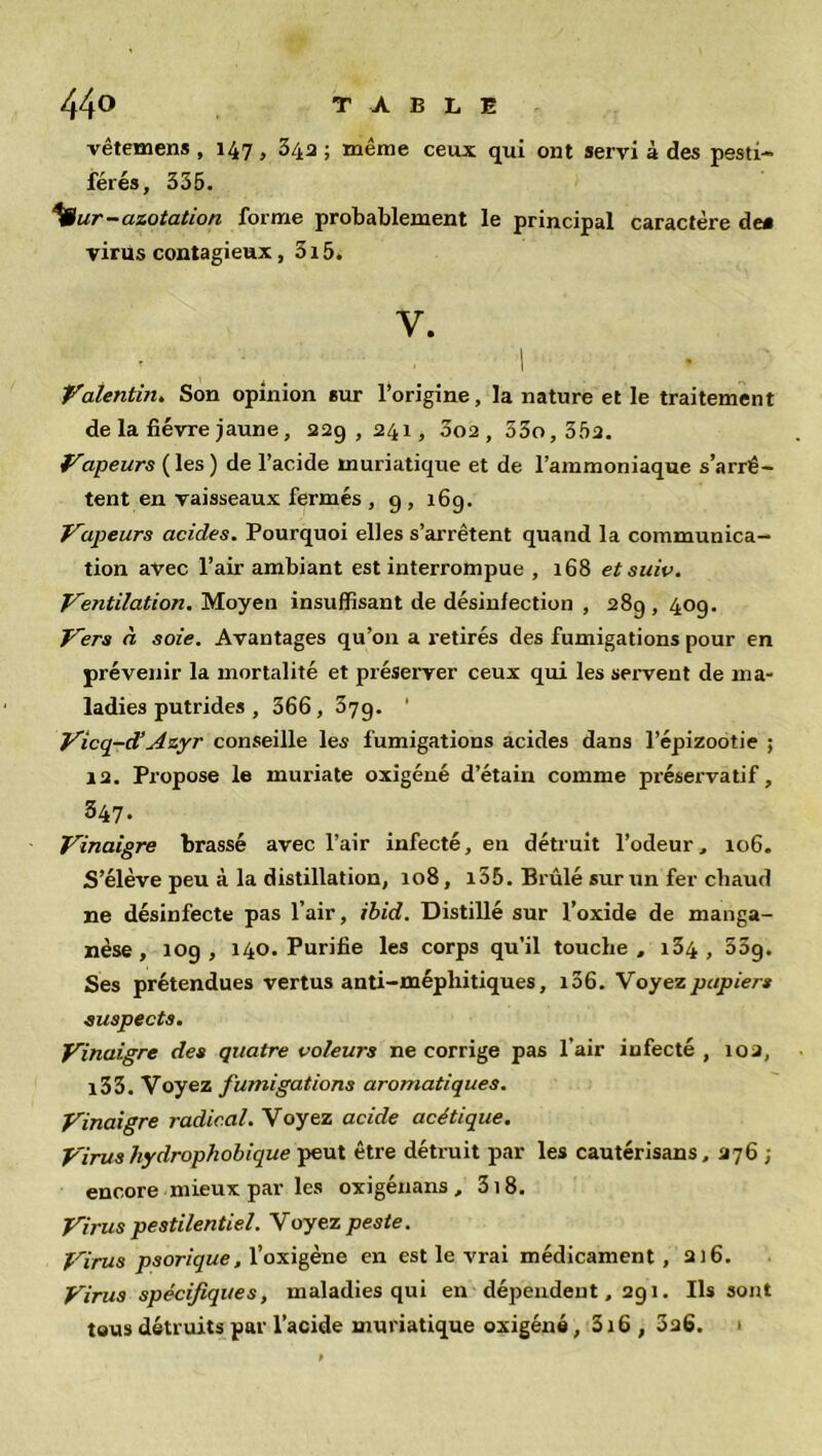 vêtemens , 147, 342 ; même ceux qui ont servi à des pesti- férés, 335. ISwt—azotation forme probablement le principal caractère de* virus contagieux, 3i5. y. • ■ ■ 1 Valentm. Son opinion sur l’origine, la nature et le traitement de la fièvre jaune, 229,241, 002, 53o, 352. Vapeurs (les) de l’acide muriatique et de l’ammoniaque s’arrê- tent en vaisseaux fermés , 9 , 169. Vapeurs acides. Pourquoi elles s’arrêtent quand la communica- tion avec l’air ambiant est interrompue , 168 etsuiv. Ventilation. Moyen insuffisant de désinfection , 289 , 40g. Vers à soie. Avantages qu’011 a retirés des fumigations pour en prévenir la mortalité et préserver ceux qui les servent de ma- ladies putrides , 366 , 679. ' Vicq-d’ Azyr conseille les fumigations acides dans l’épizootie ; 12. Propose le muriate oxigéné d’étain comme préservatif, 347. Vinaigre brassé avec l’air infecté, en détruit l’odeur, 106. S’élève peu à la distillation, 108, i55. Brûlé sur un fer chaud ne désinfecte pas l’air, ibid. Distillé sur l’oxide de manga- nèse, 10g, 140. Purifie les corps qu’il touche, i34 , 53g. Ses prétendues vertus anti-mépliitiques, i56. Voyez papiers suspects. Vinaigre des quatre voleurs ne corrige pas l’air infecté, 102, i33. Voyez fumigations aromatiques. Vinaigre radical. Voyez acide acétique. Virus hydrophobique peut être détruit par les cautérisans, 276 ; encore mieux par les oxigénans , 318. Virus pestilentiel. Voyez peste. Virus psorique, l’oxigène en est le vrai médicament , 2)6. Virus spécifiques, maladies qui en dépendent, 291. Ils sont tous détruits par l’acide muriatique oxigéné, 316 , 326. 1