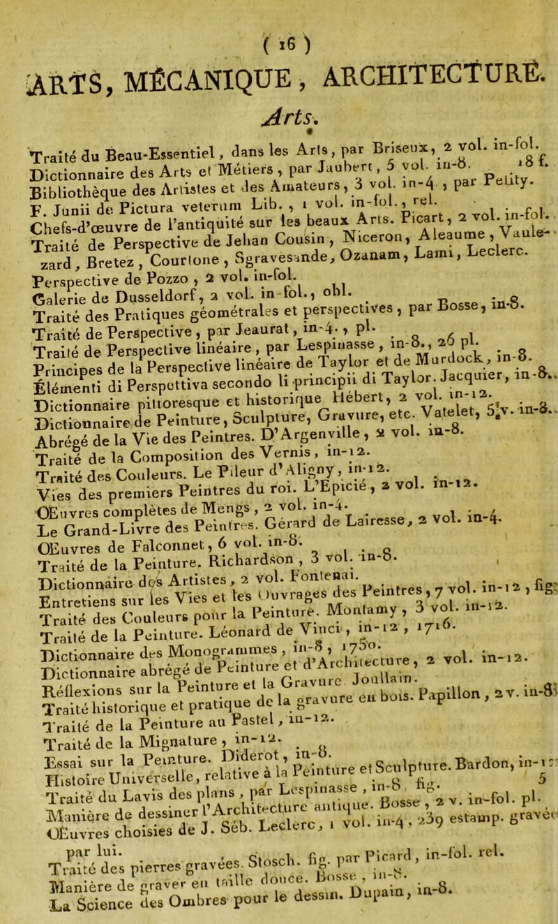 ARTS, MÉCANIQUE, ARCHITECTURE, Arts. 9 Traité du Beau-Essentiel, dans les Art», par Briseux, 2 vôl. in-fol Dictionnaire des Arts et Métiers par Jaubert, 5 vol rn-b. 8 f. Bibliothèque des Artistes et des Amateurs, 3 vo . FeUtY■ p Tdnii de Pictura veteTiim Lib. , i vol. in-tol., rei. . f. Chefs-d’œuvre de l’antiquité sur les beaux Ans. Picart, 2 vol.in-fo . Traté de Perspective l Jehan Cousin , Niceron, Aleautne, Vaule- zard, Bretez , Courtone , Sgravèsande, Ozanam, Lami, Lecle c. Perspective de Pozzo , 2 vol. in-fol. Galerie de Dusseldorf, a vol. în-lol., obi. _ Traité des Pratiques géométrales et perspectives , par Bosse, m-3. Traité de Perspective, par Jeaurat, m-4;, pL . Traité de Perspective linéaire, par Lespiuasse , in-»., 2C^ P • P,T, cipes de la Perspective linéaire de Taylor el de Mttrdock, tn-8. Élément! di Perspottiva seconde li principh dr Tayior. Jacqmer, rn- .. Dictionnaire pittoresque et historique Hebert, 2 • ' Dictionnaire de Peinture, Sculpture, Gravure, etc. Vatelet, b.v. n Abrésé de la V,e des Peintres. D Argenvtlle, » vol. m-8. Traité delà Composition des Vernis, in-12. Traité des Couleurs. Le Pdeur d Ahgny, h*'»*- Vies des premiers Peintres du roi. L Epicie , a vol. m 12 OEuvres complètes de Mengs , 2 vo . in-4. o vol in-4 Le Grand-Livre des Peintres. Gérard de La.resse, 2 vol. in 4- OEuvres de Falconnet,6 yol. m-b. q Traité de la Peinture. Richardson 3 vol. in-b. Dictionnaire d* Artistes a yol. tontenat. , , vol. in-,2 , flg; couleur; F*»»,4 ^ Traité de la Peinture. Léonard de Vinci , m-12 , 17 -1- *•“ • ” Traité de la Peinture au Pastel, iu 12. Traité de la Mignature , in-i‘2. Sculpte. Bhrdon, in-tf Traité du Lavis des plans . par L, s|,masse , ^ ^ .n_fol p, par lui. Qtncch par Picard, in-fol. rel. Traité des pierres gravées. Stosch. Hg-J