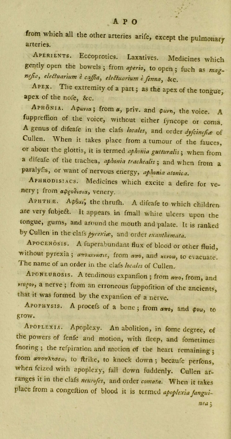 from winch all the other arteries arife, except the pulmonary arteries. Aperients. Eccoprotics. Laxatives. Medicines which gently open the bowels ; from aperio, to open ; fuch as mag- nef,a> eleSuarium e ca/jia, ekauanum i fenna, &c. Apex. The extremity of a part; as the apex of the tongue, apex of the note, &c. Aphonia. A<puv,a; from *, priv. and the voice. A fuppreflion of the voice, without either iyncope or coma. A genus of difeafe in the clafs locales, and order dyfcinef* of Cullen. When it takes place from a tumour of the fauces, or about the glottis, it is termed aphonia guttural’s; when from a difeafe of the trachea, aphonia trachealis; and when from a paralyfis, or want of nervous energy, aphonia atonita. Aphrodisiacs. Medicines which excite a defire for ve- nery ; from et<p^o^iaioc9 venery. Aphth/e. ApQdi', the thrufh. A difeafe to which children are very fubjeft. It appears in fmall white ulcers upon the tongue, gums, and around the mouth and palate. It is ranked by Cullen in the clafs fyrexia?, and order exanthemata. Apocenosis. A Overabundant flux of blood or other fluid, without pyrexia; anoxivMis, from a«, and xivoa, to evacuate. The name of an order in the clafs locales of Cullen. Aponeurosis. A tendinous expanfion ; from «»„, from, and rtvfoy, a nerve ; from an erroneous fuppof.tion of the ancients, that it was formed by the expanfion of a nerve. Apophysis. A procefs of a bone; from axo, and tpvu, to grow. Atoplexia. Apoplexy. An abolition, in fomc degree, of the powers of fenfe and motion, with fleep, and fometimes fnoring ; the refpiration and motion of the heart remaining; from amov\r\<jou, to ftrike, to knock down ; becaufe perfons, when feized with apoplexy, fall down fuddenly. Cullen ar- ranges it in the clafs nettrofes, and order comata. When it takes place from a congcilion of blood it is termed apoplexiaJangui- nea-,