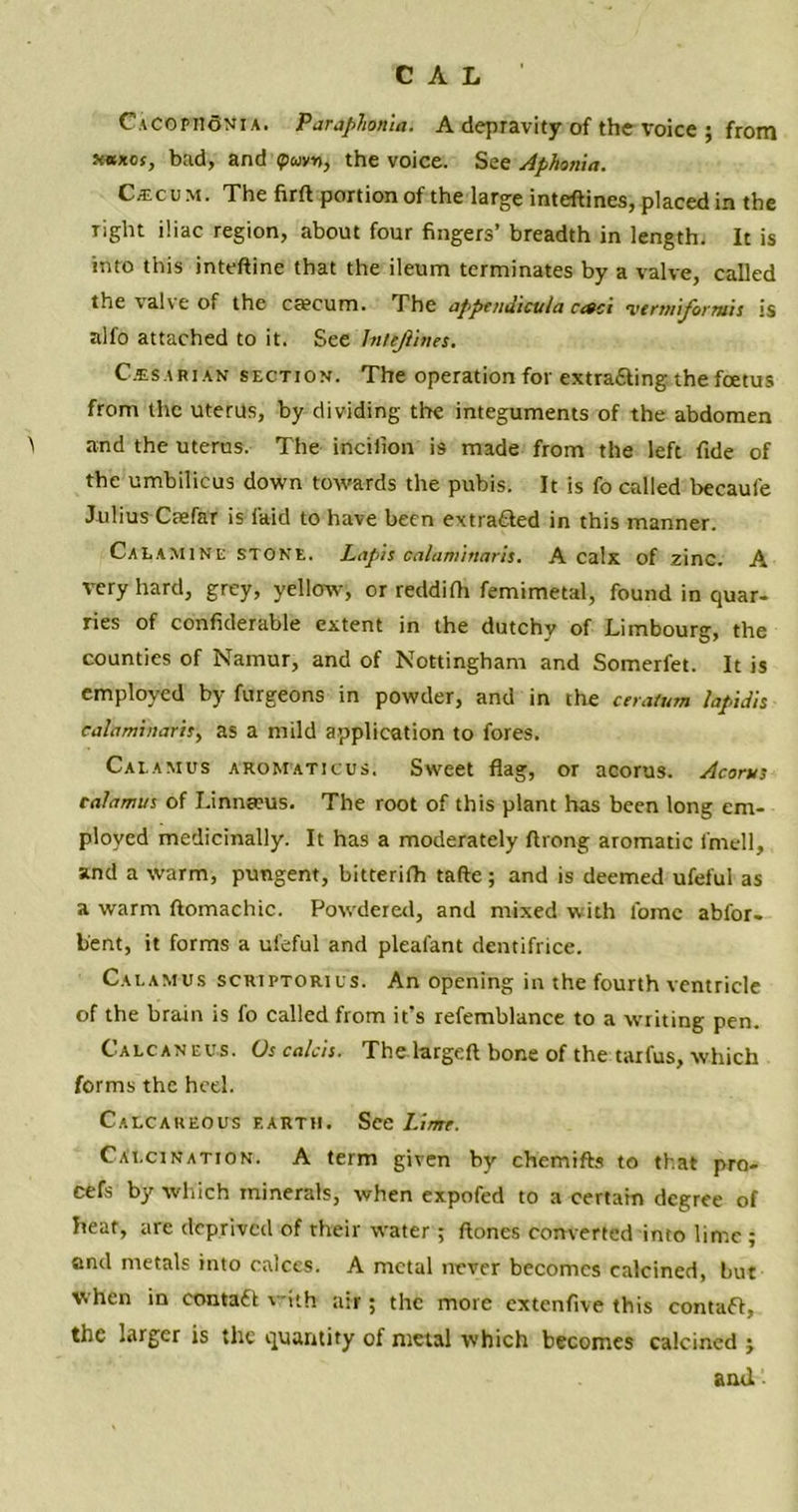 CAL CacopuSnia. Paraplion'ia. A depravity of the voice ; from **xos, bad, and <pwm, the voice. See Aphonia. C/Ecum. The firft portion of the large inteftines, placed in the right iliac region, about four fingers’ breadth in length. It is into this inteftine that the ileum terminates by a valve, called the valve of the caecum. The apptndicula caci vertnijorruis is alfo attached to it. See lntejlines. Cesarian section. The operation for extrafting the foetus from the uterus, by dividing the integuments of the abdomen \ and the uterus. The incilion is made from the left fide of the umbilicus down towards the pubis. It is fo called becaufe Julius Crefar is laid to have been extracted in this manner. Cat.amine stone. Lapis calaminaris. A calx of zinc. A very hard, grey, yellow, or reddifii femimetal, found in quar- ries of confiderable extent in the dutchy of Limbourg, the counties of Namur, and of Nottingham and Somerfet. It is employed by furgeons in powder, and in the ciratum lapidis calaminaris, as a mild application to fores. Calamus aromaticus. Sweet flag, or acorus. Acorns calamus of Linnaeus. The root of this plant has been long em- ployed medicinally. It has a moderately flrong aromatic l'mell, and a warm, pungent, bitterifh tafte; and is deemed ufeful as a warm ftomachic. Powdered, and mixed with l'omc abfor- b'ent, it forms a ufeful and pleafant dentifrice. Calamus scriptorius. An opening in the fourth ventricle of the brain is fo called from it's refemblance to a w-riting pen. Calcaneus. Us catcis. The largeft bone of the tarfus, which forms the heel. Calcareous earth. See Lime. Calcination. A term given by chemifts to that pro- cefs by which minerals, when expofed to a certain degree of heat, are deprived of their water ; ftones converted into lime ; and metals into calces. A metal never becomes calcined, but when in contaft with air ; the more extenfive this contaft, the larger is the quantity of metal which becomes calcined j