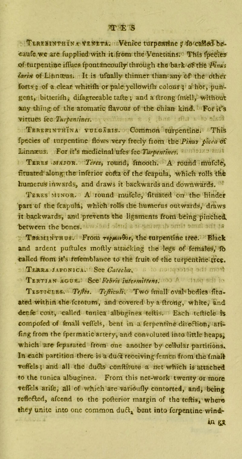 TE S Terebinth in* veneta. Vfenice turpentine ? f<ycaM*Jbei- «aufe we are fupplied with it.from the Venetians; This fpeCres' of turpentine iflues fpontaneoufty through the bark of the PSmis larim of Linnaeus. It is ufually thinner than any of the cither forts j of a clear whrtifh or pale yellowifh colour 5 a; hot, pun- gent, bitterifh, difagreeable tafte; and a ftrong fmell, without any thing of the aromatic flavour of the chian kind. For it’s virtues fea Turpentines. ' ■ r ' > Tbrebinthina vulgaris. Common turpentine. This fpecies of turpentine flows very freely from the Pihus picea of Linnaeus. For it’s medicinal ufes fee Turpentines. Teres major. Teres, round, ftnooth. A round mufcle, ntuated alongpthe inferior cofta of the fcapula, which rolls the humerus inwards, and draws it backwards and downwards. Teres minor. A round mufcle, fitu&ted on the hinder part of the fcapula, which rolls the humerus outwards, draws it backwards, and prevents the ligaments from being pinched, between the bones. Tbrminthus. From rtp/*i*Qot, the turpentine tree. Black and ardent puftules moftly attacking the legs of females,' fb called from it’s tefemblanee to the fruit of the turpentine dree.. Terra Japonic!; See Catechu. Tertian ague. SceFebris intermit tens. Testicles. Te/fts. Tejliculi, Two fmall oval4bodies fltu- *ted within the fcrotum, and covered by a ftro'tlg, white, and der.fe coat, called tunica albuginea teftis. Each tefticle is compofed of fmall veflels, bent in a ferpenti'ne direct ion, ari- fing from the fpermatic artery, and convoluted into little heaps, which are Separated from one another by cellular partitions* In each partition there is a du& receiving femen from the fmalt veflels; and all the duels conftitute a net which is attached to the tunica albuginea. From this net-work twenty or more veflels arife, all of which are varidufly contorted, and, being reflected, afeend to the pofterior margin of the teftis, where they unite into one common duft* bent into Terpentine windr in