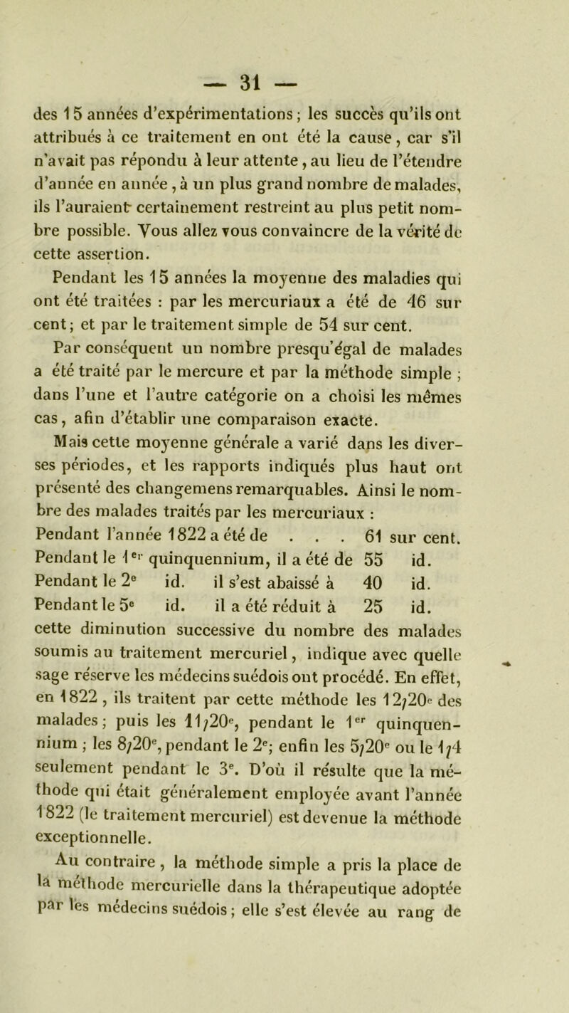 des 1 5 années d’expérimentations ; les succès qu’ils ont attribués à ce traitement en ont été la cause, car s’il n’avait pas répondu à leur attente, au lieu de l’étendre d’année en année , à un plus grand nombre de malades, ils l’auraientr certainement restreint au plus petit nom- bre possible. Vous allez vous convaincre de la vérité de cette assertion. Pendant les 15 années la moyenne des maladies qui ont été traitées : par les mercuriaux a été de 46 sur cent; et par le traitement simple de 54 sur cent. Par conséquent un nombre presqu’égal de malades a été traité par le mercure et par la méthode simple ; dans l’une et l’autre catégorie on a choisi les mêmes cas, afin d’établir une comparaison exacte. Mais cette moyenne générale a varié dans les diver- ses périodes, et les rapports indiqués plus haut ont présenté des changemens remarquables. Ainsi le nom- bre des malades traités par les mercuriaux : Pendant l’année 1822 a été de . . . 61 sur cent. Pendant le Ie'' quinquennium, il a été de 55 id. Pendant le 2e id. il s’est abaissé à 40 id. Pendant le 5e id. il a été réduit à 25 id. cette diminution successive du nombre des malades soumis au traitement mercuriel, indique avec quelle sage re'serve les médecins suédois ont procédé. En effet, en 1822 , ils traitent par cette méthode les 12/20- des malades; puis les 11/20-, pendant le 1er quinquen- nium ; les 8/20e, pendant le 2e; enfin les 5/20e ou le 1/4 seulement pendant le 3e. D’où il re'sulte que la mé- thode qui était généralement employée avant l’année 1822 (le traitement mercuriel) est devenue la méthode exceptionnelle. Au contraire , la méthode simple a pris la place de la méthode mercurielle dans la thérapeutique adoptée parles médecins suédois ; elle s’est élevée au rang de