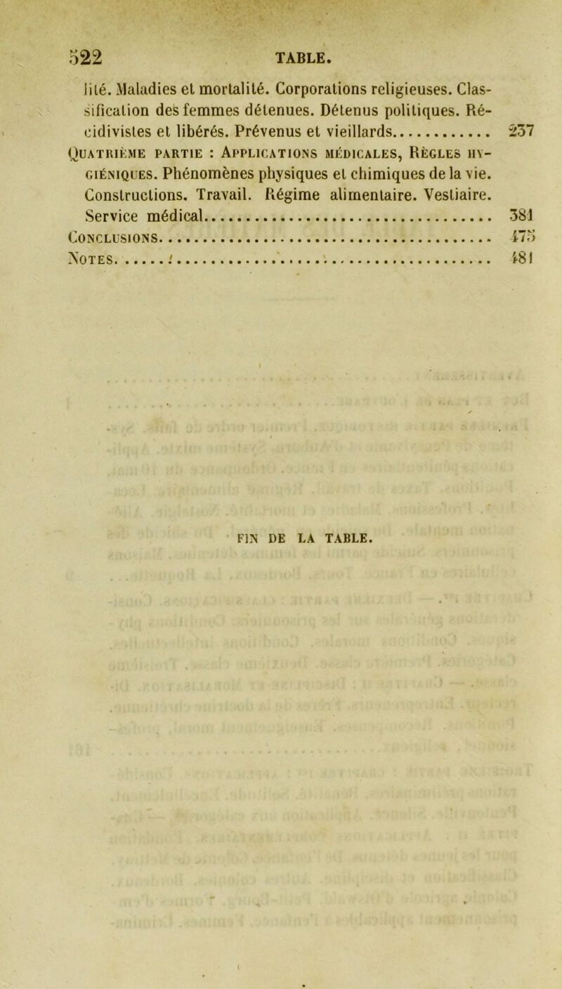 lilé. Maladies el mortalité. Corporations religieuses. Clas- sification des femmes détenues. Détenus politiques. Ré- cidivistes et libérés. Prévenus et vieillards Quatrième partie : Applications médicales, Règles hy- giéniques. Phénomènes physiques el chimiques de la vie. Constructions. Travail. Régime alimentaire. Vestiaire. Service médical Conclusions Notes .' îiol 381 FIN DE LA TABLE.