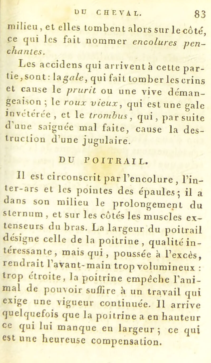 milieu, et elles tombent alors sur lecôté, ce qui les fait nommer encolures pen- chantes. Les accidens qui arrivent à cette par- lie,sont: lagfl/e, qui fait tomber les crins et cause le prurit ou une vive de'man- paison ; le roux vieux, qui est une gale invclerée, et le trombus, qui, par suite d'une saignée mal faite, cause la des- truction d’une jugulaire. DU POITRAIL. 11 est circonscrit par l’encolure , l’in- ter-ars et les pointes des épaulesj il a dans son milieu le prolongement du sternum , et sur les côtés les muscles ex- tenseurs du bras. La largeur du poitrail désigne celle de la poitrine, qualité in- téressante, mais qui, poussée à l’excès, rendrait l’avant-main trop volumineux : trop étroite, la poitrine empêche l’ani- mal de pouvoir suffire h un travail qui exige une vigueur continuée. 11 arrive quelquefois que la poitrine a en hauteur ce qui lui manque en largeur 5 ce qui est une heureuse compensation.