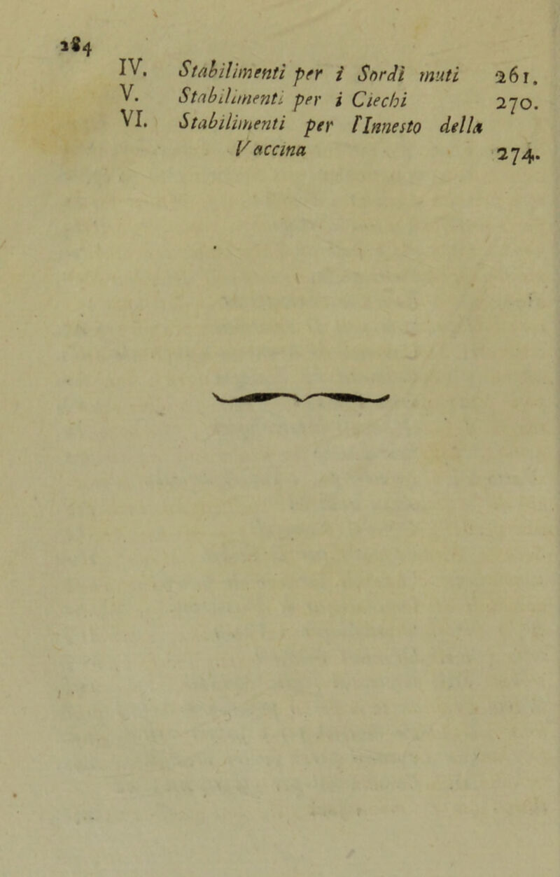 i*4 IV. V. VI. Stabilimenti per ì Sordi muti Stabilimenti per i Ciechi Stabilimenti per FInnesto della V ac cma ‘l6r. 270. 274.