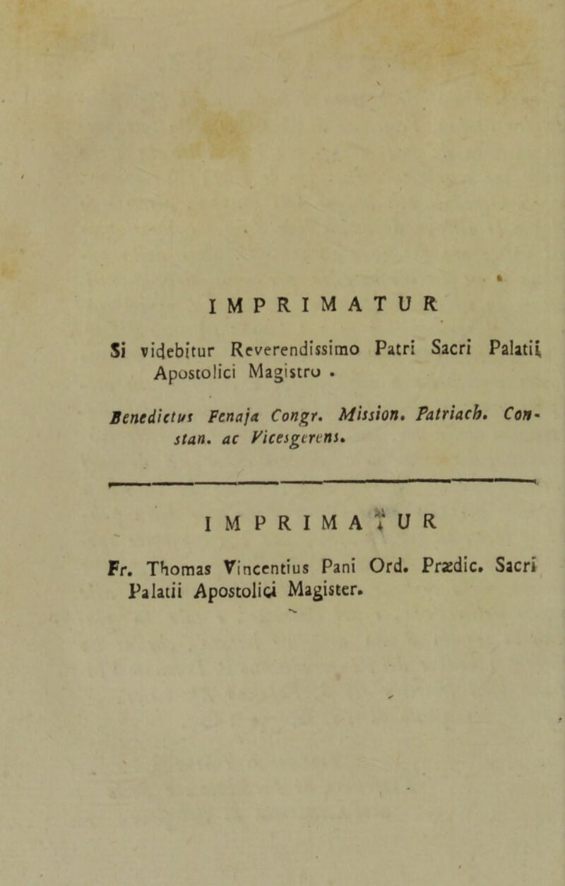 . % IMPRIMATUR Si vicjebitur Reverendissimo Patri Sacri Palati! Apostolici Magistro . Benedictus Fcnaja Congr. Mission. Patriach. Con- start, ac yicesgtrcns. IMPRIMATUR Fr. Thomas Vincentius Pani Ord. Przdic. Sacri Palati! Apostolici Magister.