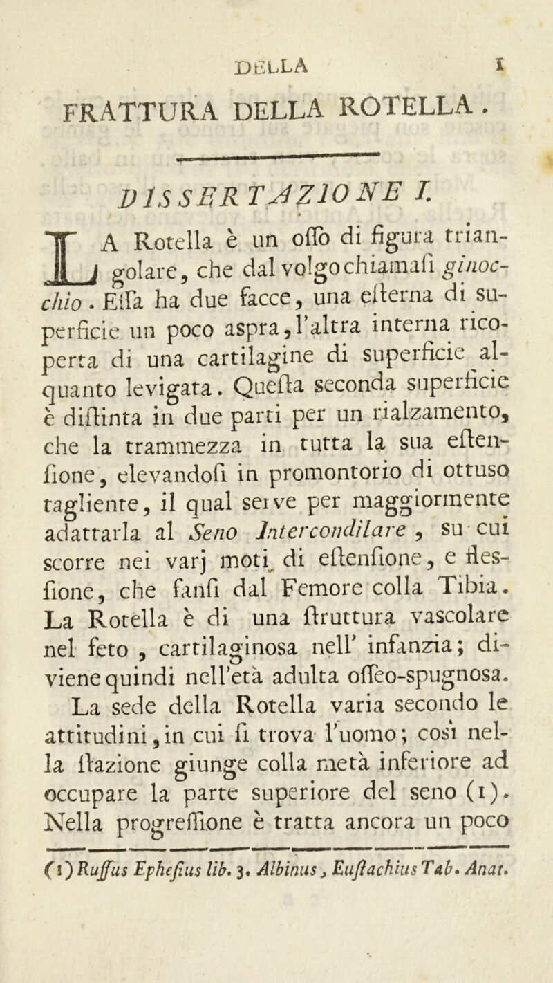 frattura della rotella . V lSSER TJZ10NE I. * LA Rotella è un otto di figura trian- golare, che dal volgo chiamali ginoc- chio . Eifa ha due facce, una edema di su- perficie un poco aspra,l’altra interna rico- perta di una cartilagine di superfìcie al- quanto levigata. Quefta seconda superficie è didima in due parti per un rialzamento, che la trammezza in tutta la sua eften- fione, elevandoli in promontorio di ottuso tagliente, il qual sei ve per maggiormente adattarla al Seno lntercondilare , su-cui scorre nei varj mori di eftenfione, e fles- fione, che fanfi dal Femore colla Tibia. La Rotella è di una bruttura vascolare nel feto , cartilaginosa nell' infanzia; di- viene quindi nell’età adulta ofieo-spugnosa. La sede della Rotella varia secondo le attitudini,in cui fi trova l’uomo; cosi nel- la dazione giunge colla metà inferiore ad occupare la parte superiore del seno (i). Nella progreditone è tratta ancora un poco (i^Rujfus Ephejìus lib. 3. Albìnus> Euflachius Tab. Anat.