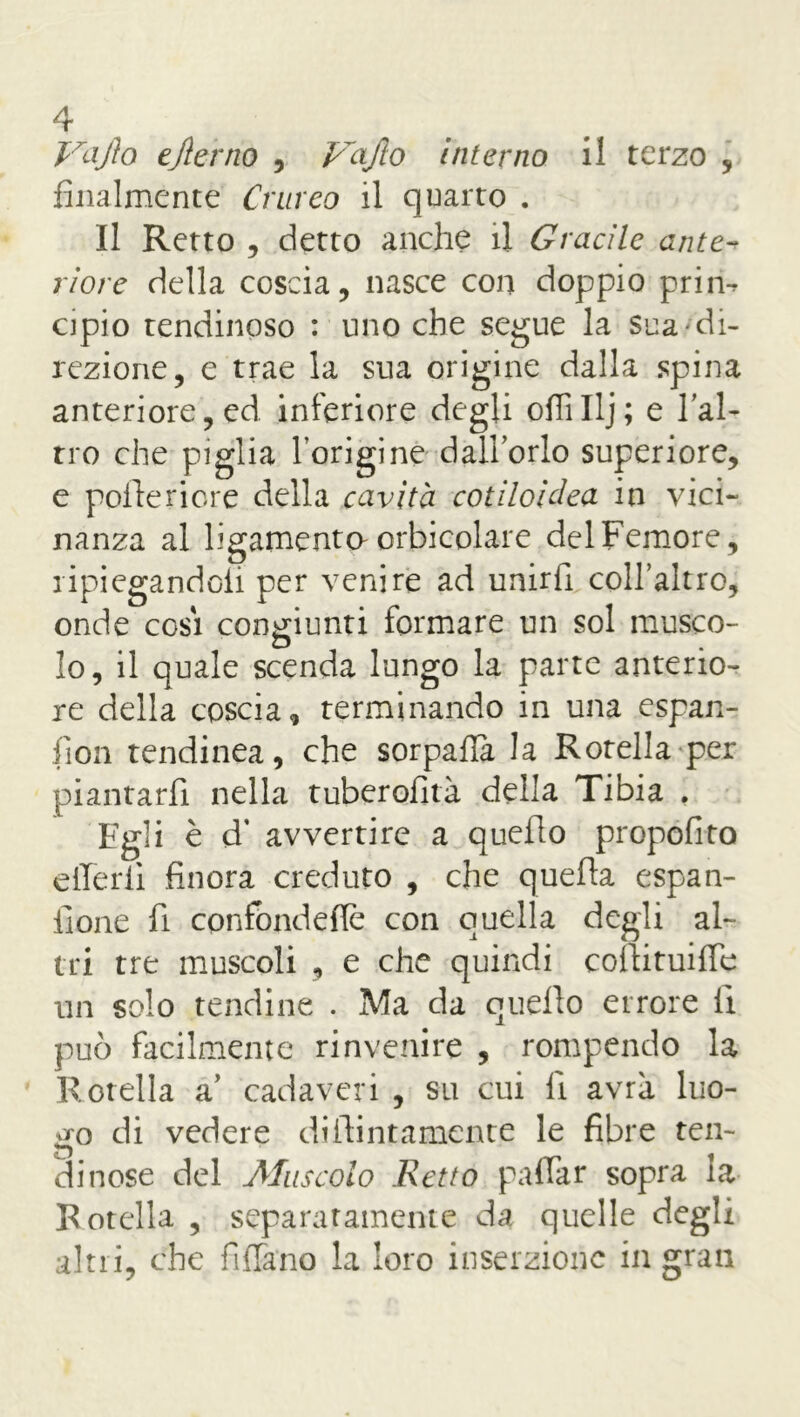 Vajìo ejlerno , Vafto Interno il terzo , finalmente Crnreo il quarto . Il Retto , detto anche il Gracile ante- riore della coscia, nasce con doppio prirh apio tendinoso : uno che segue la sua di- rezione, e trae la sua origine dalla spina anteriore, ed inferiore degli oflillj; e lai- rro che piglia l'origine dall’orlo superiore, e poflericre della cavità cotiloiclea in vici- nanza al Legamento orbicolare del Femore, ripiegandoli per venire ad unirli coll’altro, onde cosi congiunti formare un sol musco- lo, il quale scenda lungo la parte anterio- re della coscia, terminando in una espan- dimi tendinea, che sorpafia la Rotella per piantarli nella tuberofità della Tibia . Egli è d- avvertire a quello propofito eiTerlì finora creduto , che quella espan- sione fi confondette con quella degli al- tri tre muscoli , e che quindi collimi fle un solo tendine . Ma da quello errore lì può facilmente rinvenire , rompendo la Rotella a’ cadaveri , su cui lì avrà luo- ^o di vedere di flint amente le fibre ten- dinose del Muscolo Retto pattar sopra la Rotella , separatamente da quelle degli altri, che fìttane la loro inserzione in gran