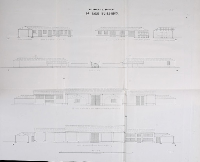 m mm EUJi Elevation of Daily &c facing ford Transverse Srfon of PoultryHouse. longitudinal Sectlon of Poultry House T Elevations on North side of Barn, shewing Engine House,Chimney Shaft,&c