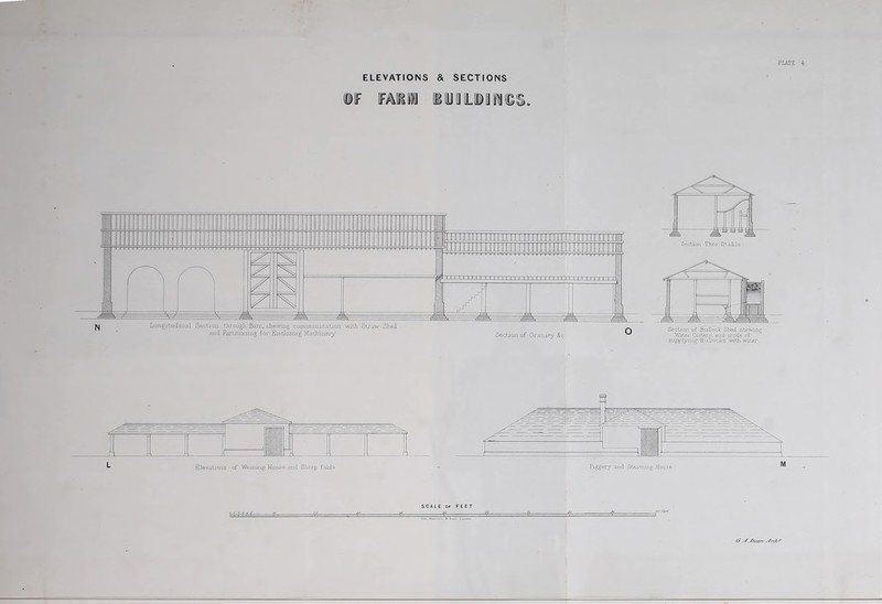 ELEVATIONS & SECTIONS @F FAM HUJiLiJM^S. Section of Bullock Shed shewing- Water Cistern and mode of supplying Bullocks with water. UdtU. G- // /tear/